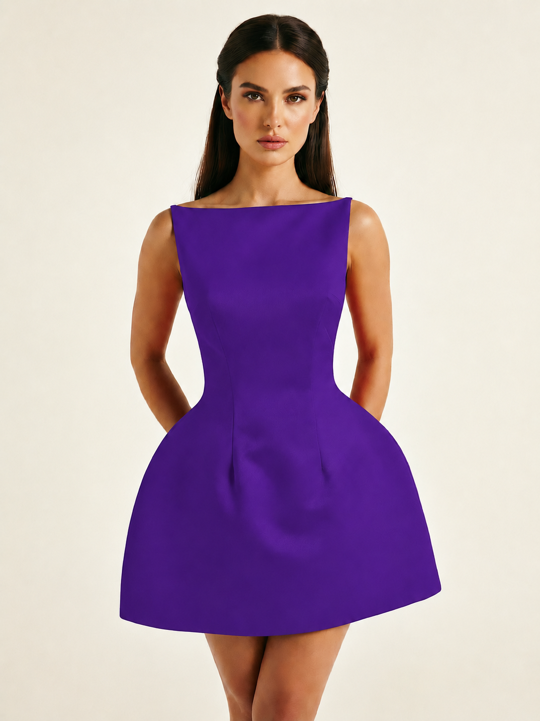 Satin Boat Neck Open Back Fit & Flare Mini Dress