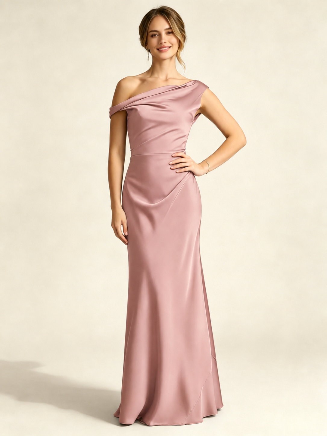 Satin Mermaid Bridesmaid Maxi Dress, Asymmetrical Off Shoulder Ruched Waist Open Back