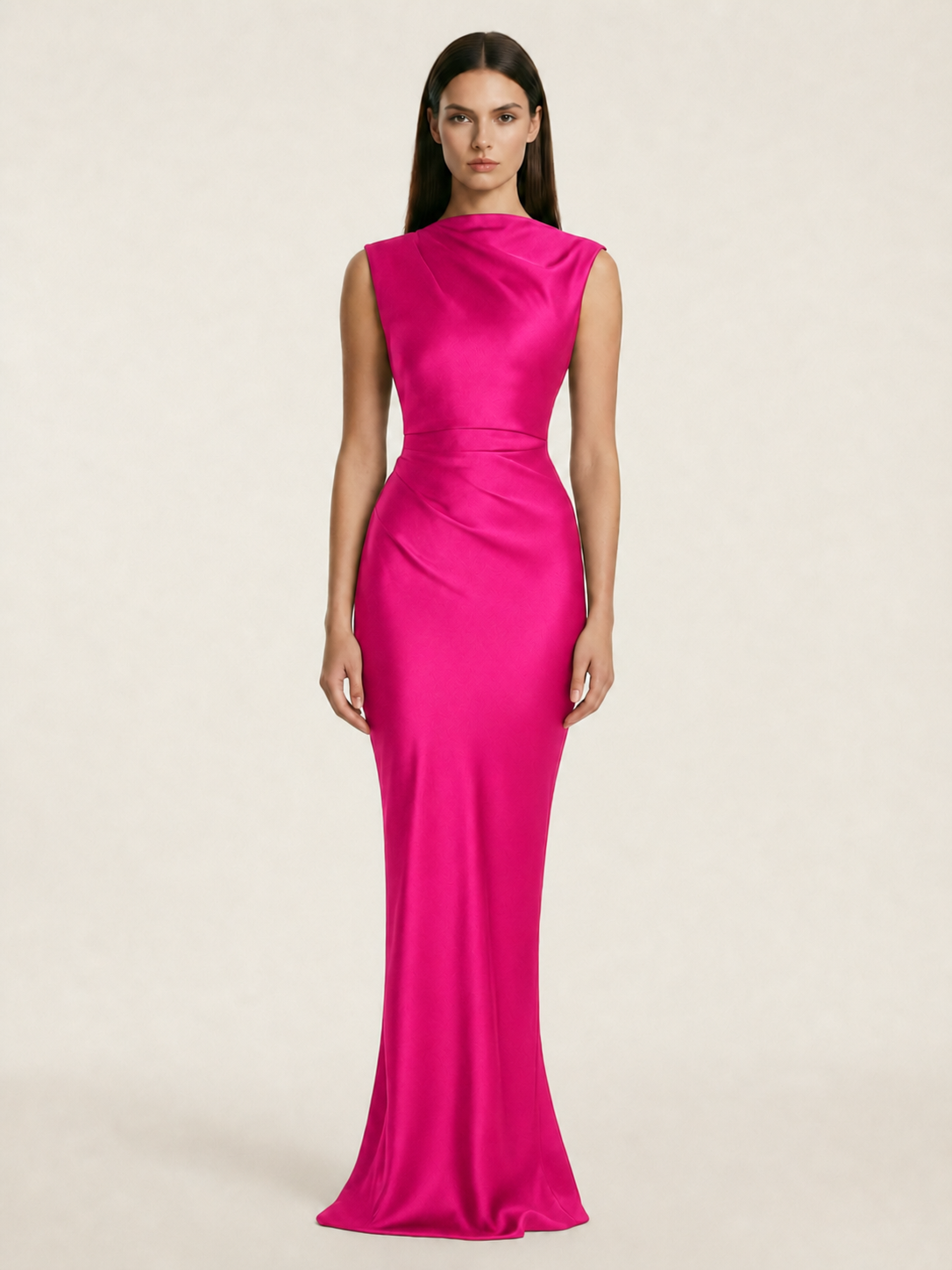Sleeveless Draped Satin Mermaid Cutout Back Formal Dress