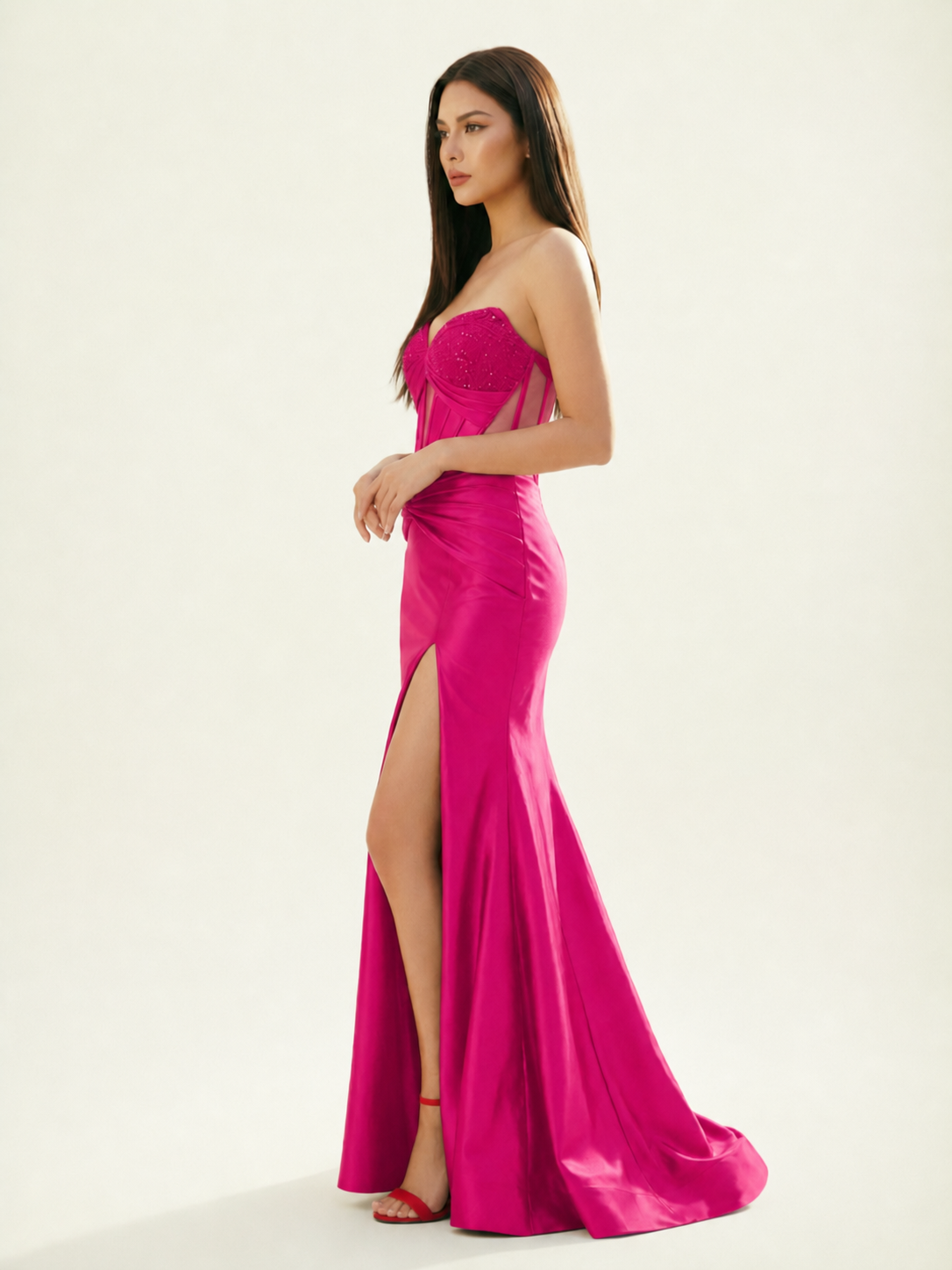 Strapless Corset Satin High Slit Mermaid Gown