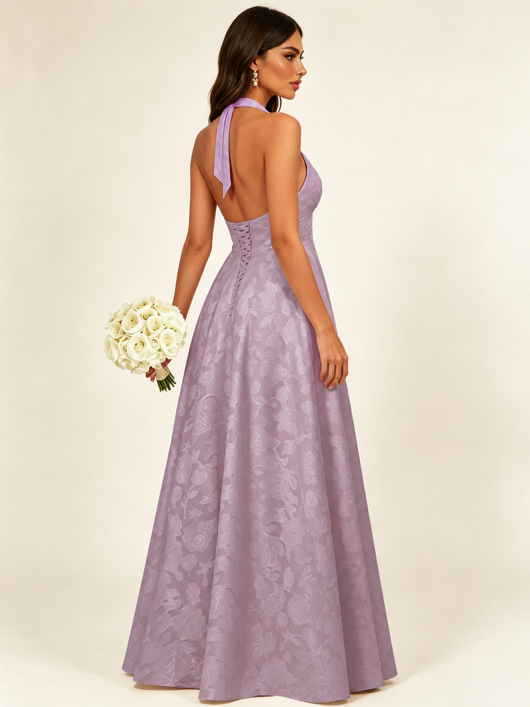Floral Jacquard Halter Deep V A-Line Maxi Dress Backless Lace-Up Corset Bridesmaid Dress