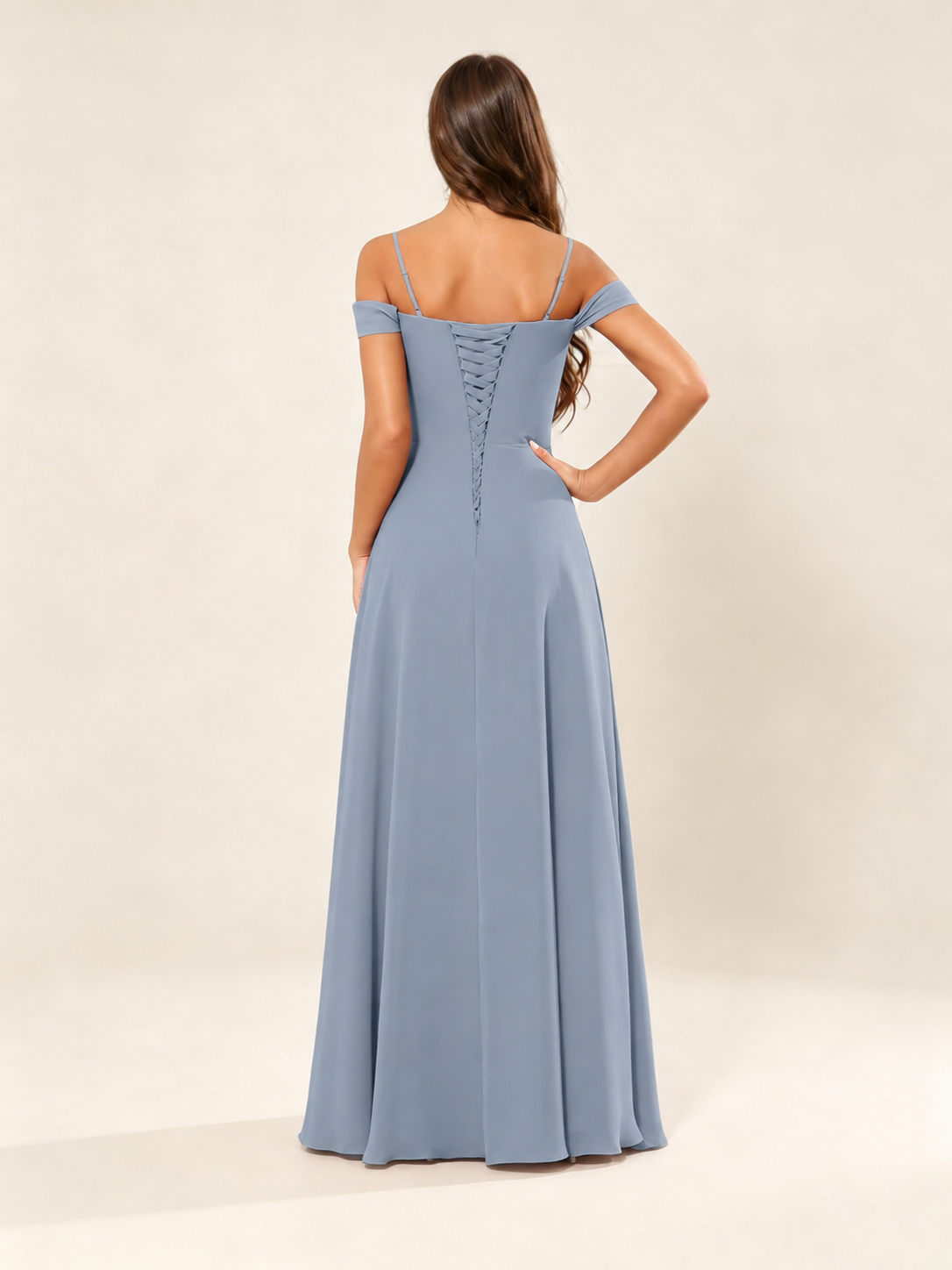 Off shoulder chiffon bridesmaid dress with high slit ruffle