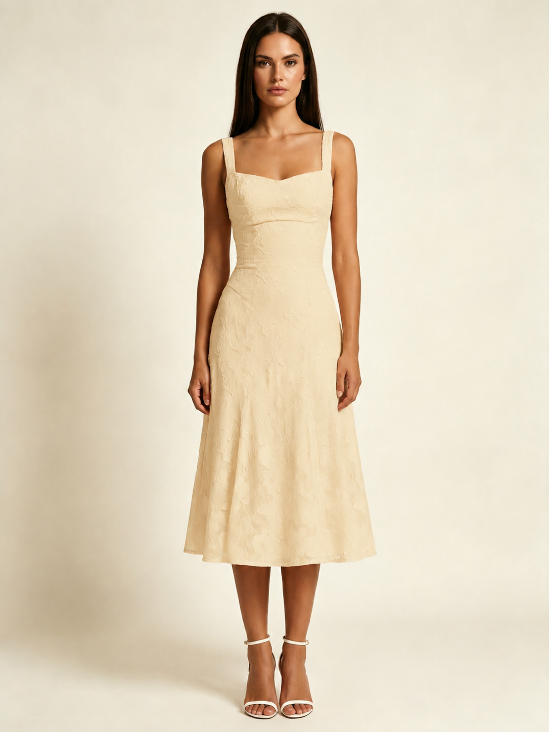 3D Floral Jacquard Square Neck Midi Dress