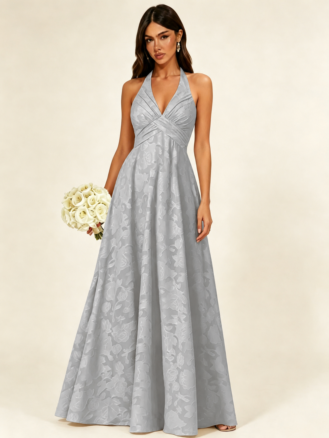 Floral Jacquard Halter Deep V A-Line Maxi Dress Backless Lace-Up Corset Bridesmaid Dress