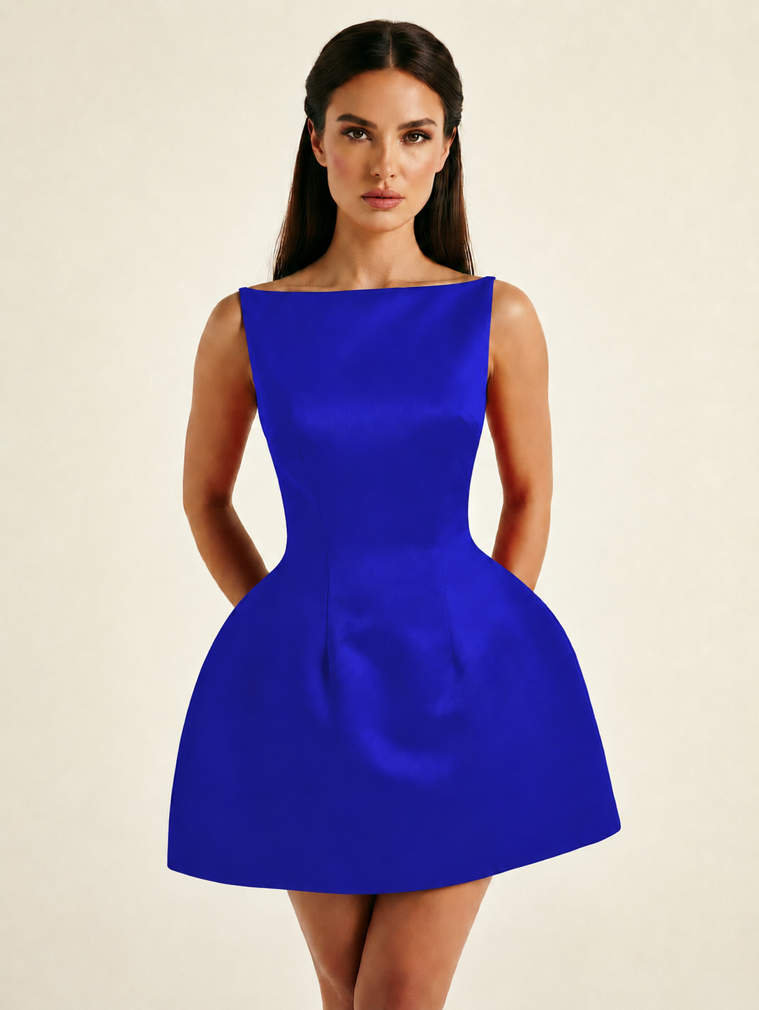 Satin Boat Neck Open Back Fit & Flare Mini Dress
