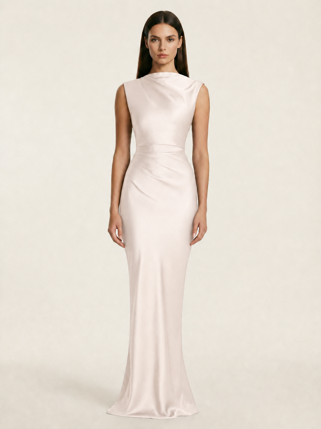 Sleeveless Draped Satin Mermaid Cutout Back Formal Dress