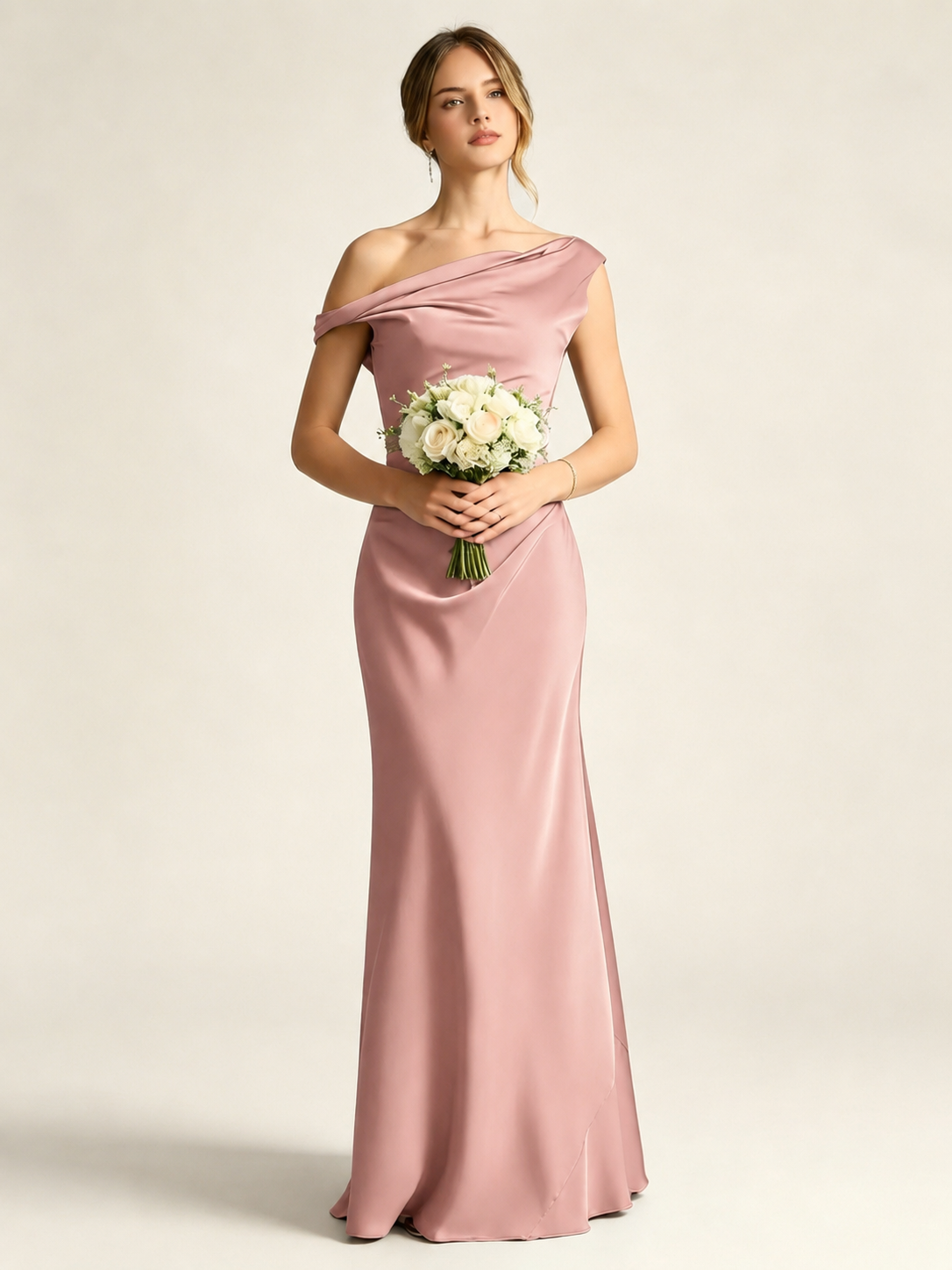 Satin Mermaid Bridesmaid Maxi Dress, Asymmetrical Off Shoulder Ruched Waist Open Back
