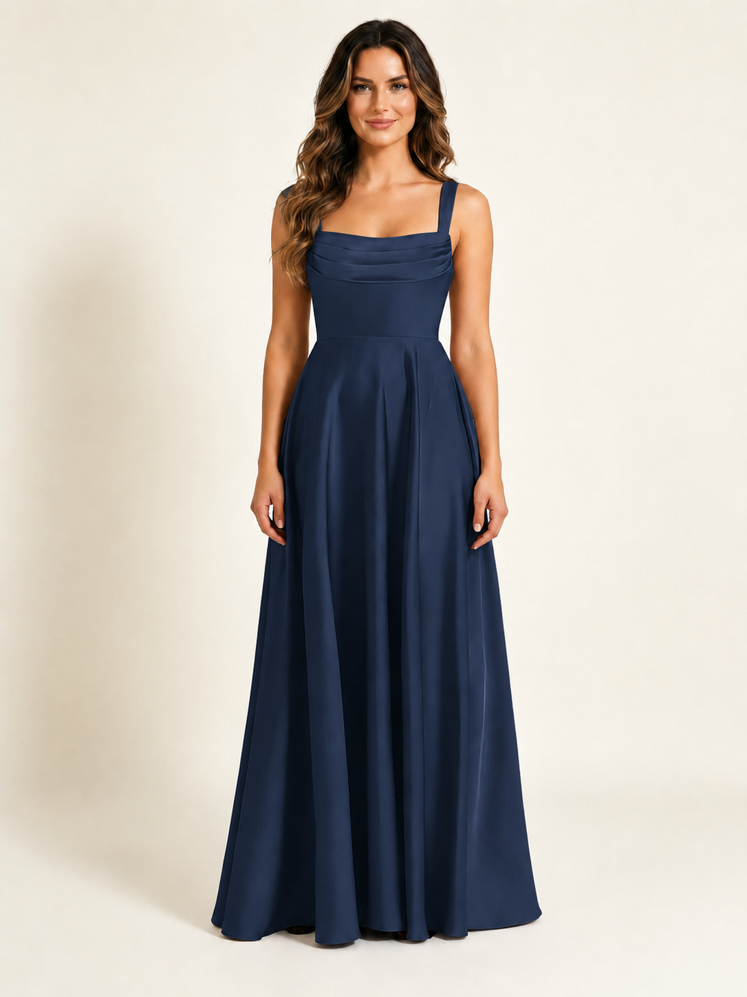 Satin Draped Cowl Square Neck A-Line Maxi Bridesmaid Dress