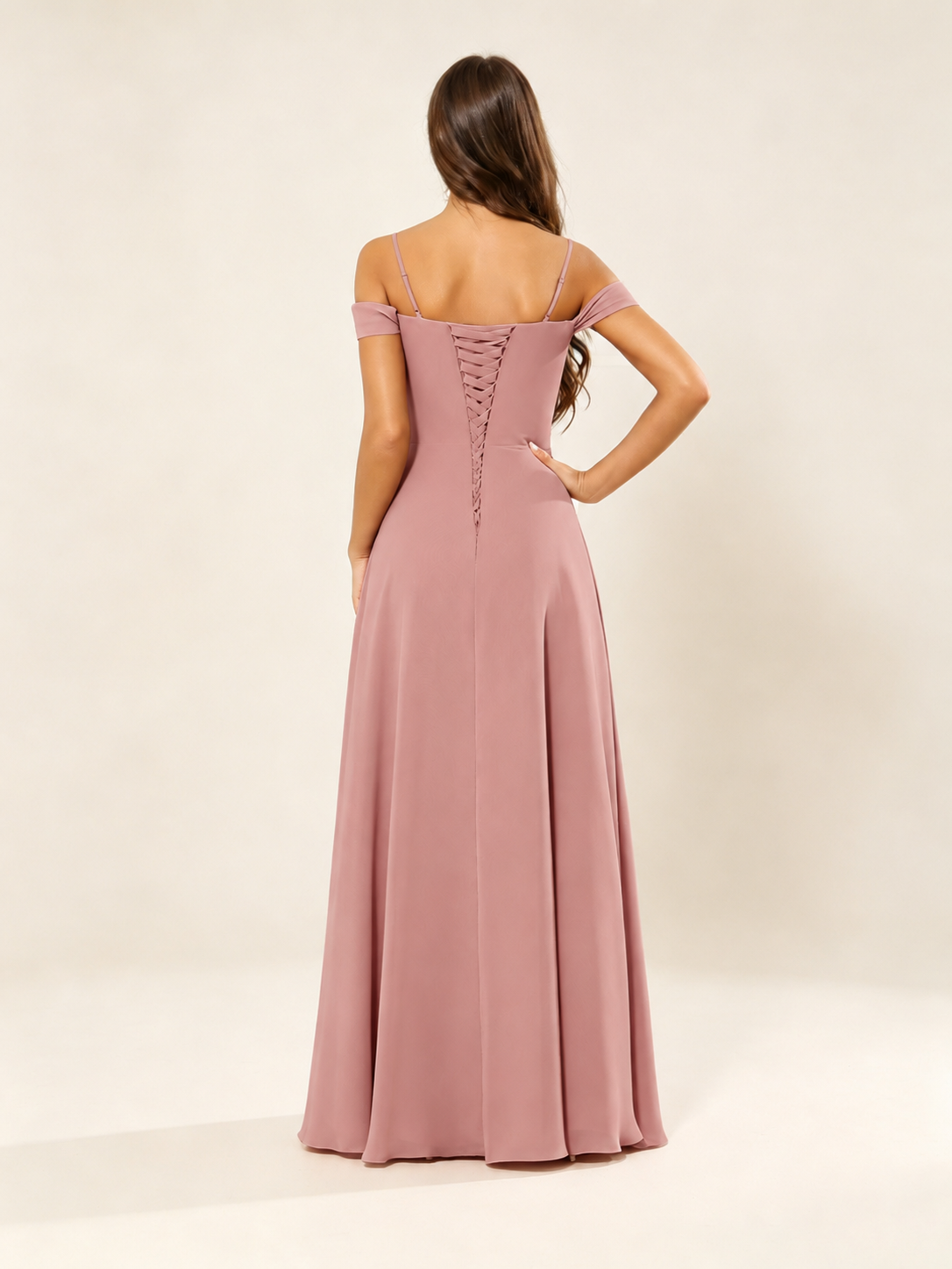 Off shoulder chiffon bridesmaid dress with high slit ruffle