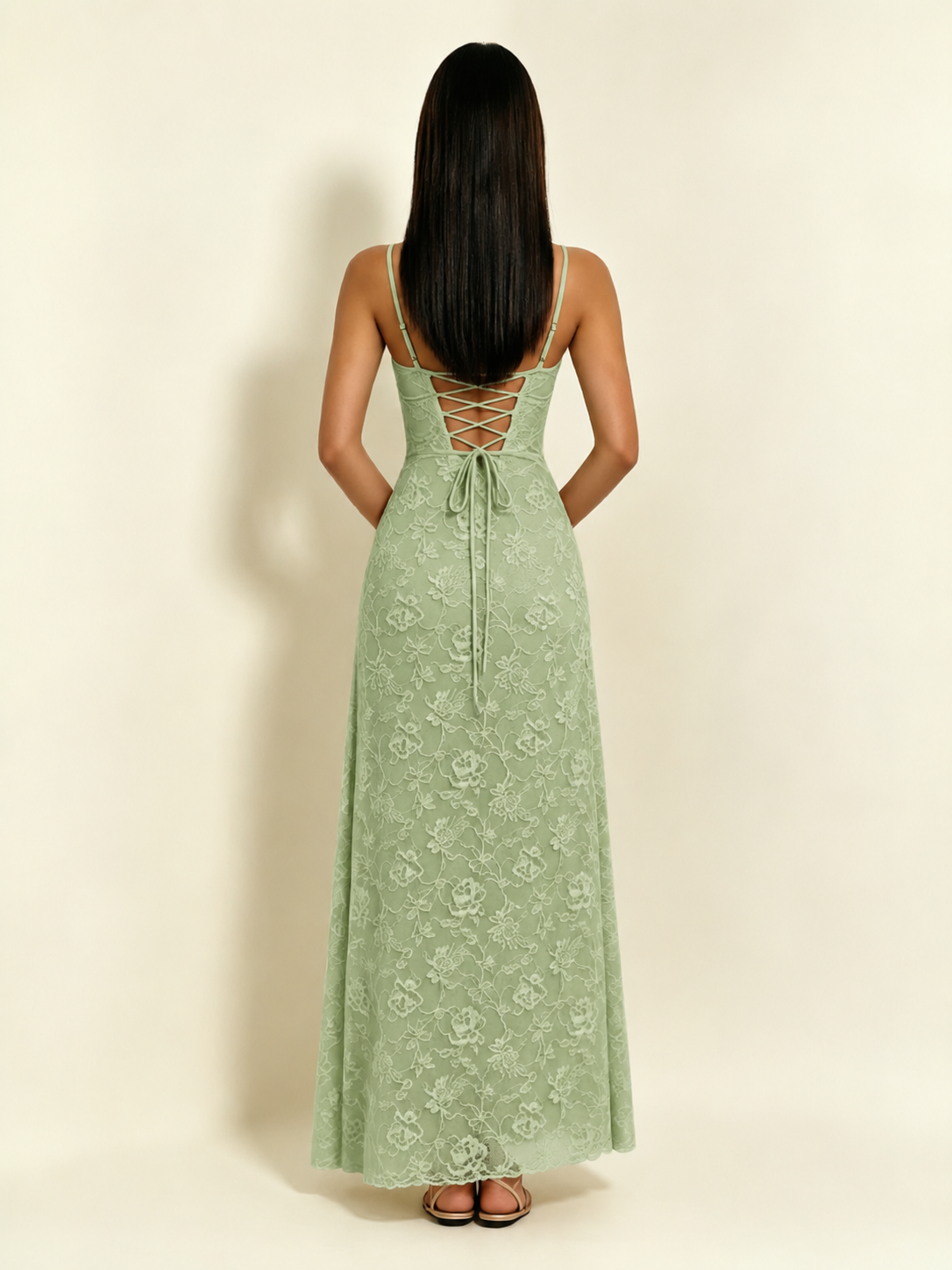 Satin Bust Lace Midi Maxi Dress, Spaghetti Strap Cross Lace Up Back Bridesmaid Dress