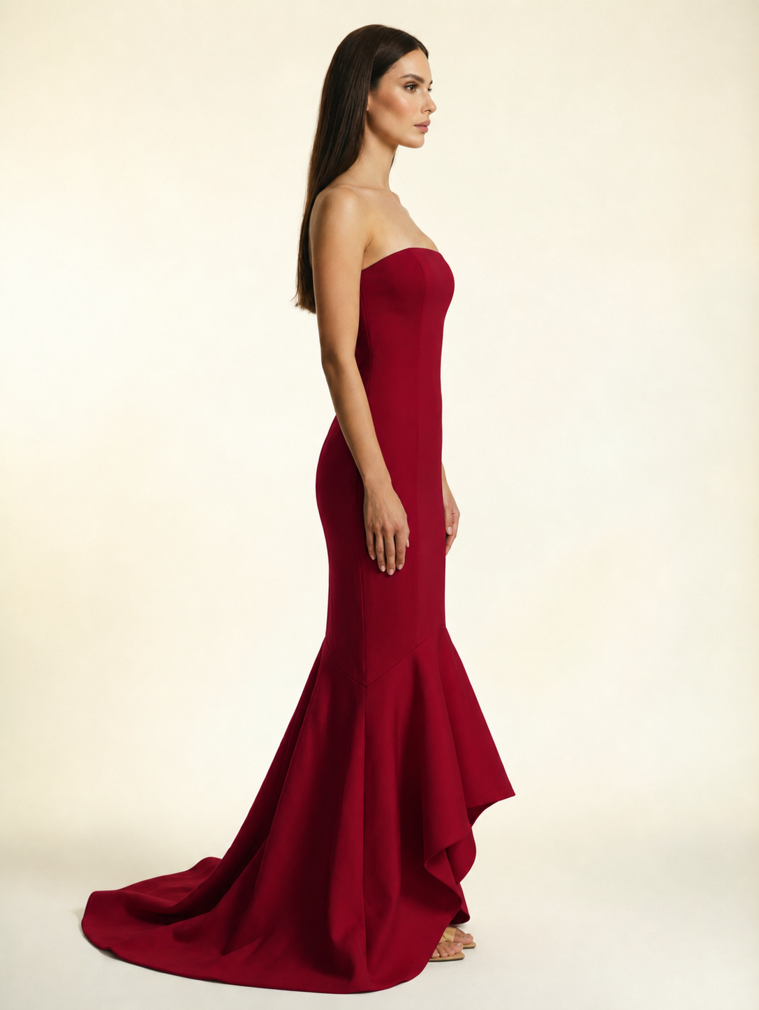 Strapless Satin Mermaid Dress With Ruffled Train & Lace-Up Back