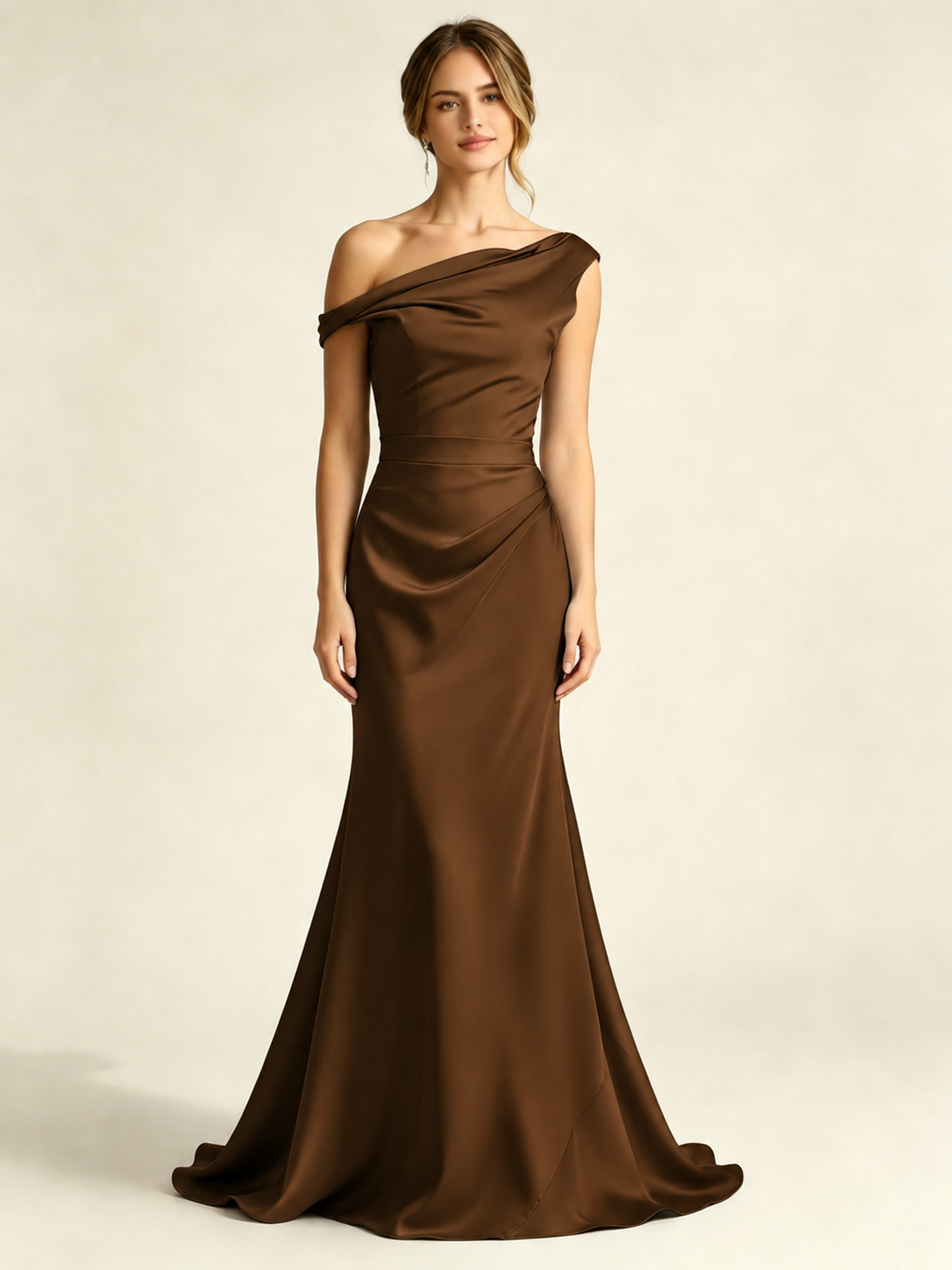 Satin Mermaid Bridesmaid Maxi Dress, Asymmetrical Off Shoulder Ruched Waist Open Back