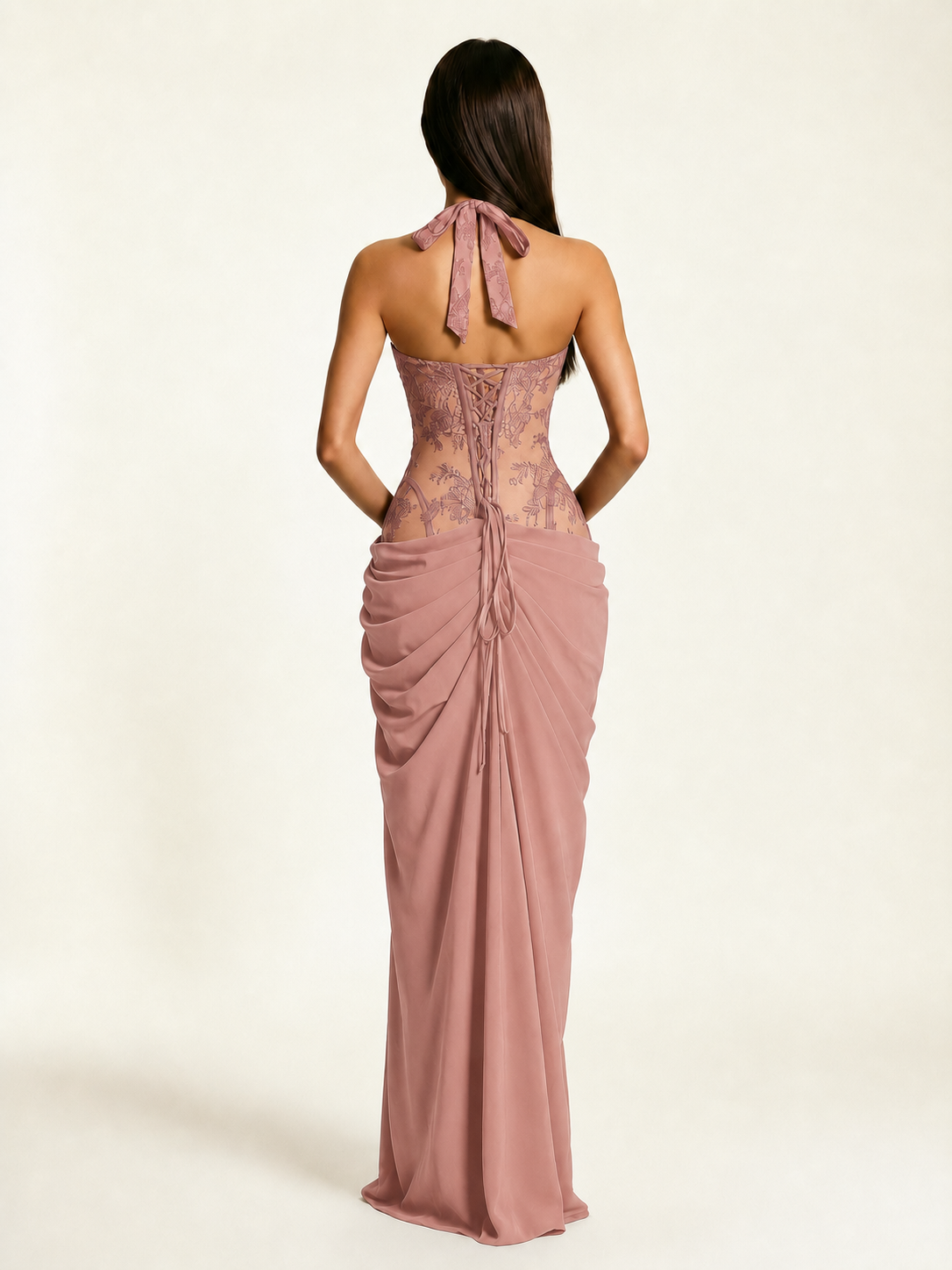 Lace Corset Halter High Slit Formal Dress