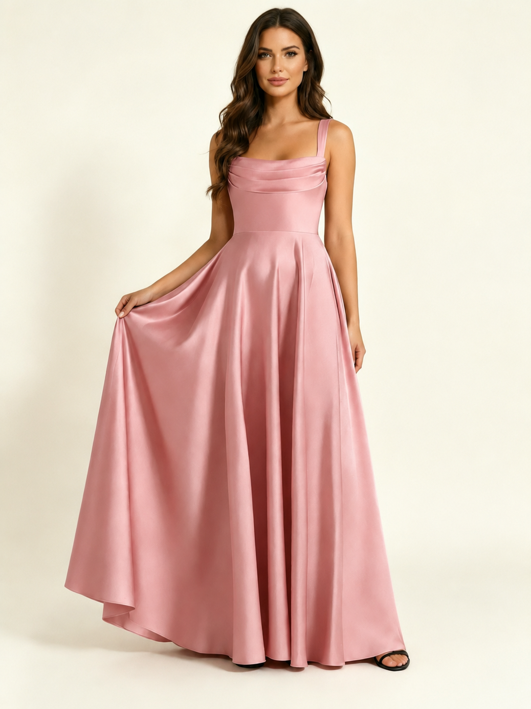 Satin Draped Cowl Square Neck A-Line Maxi Bridesmaid Dress
