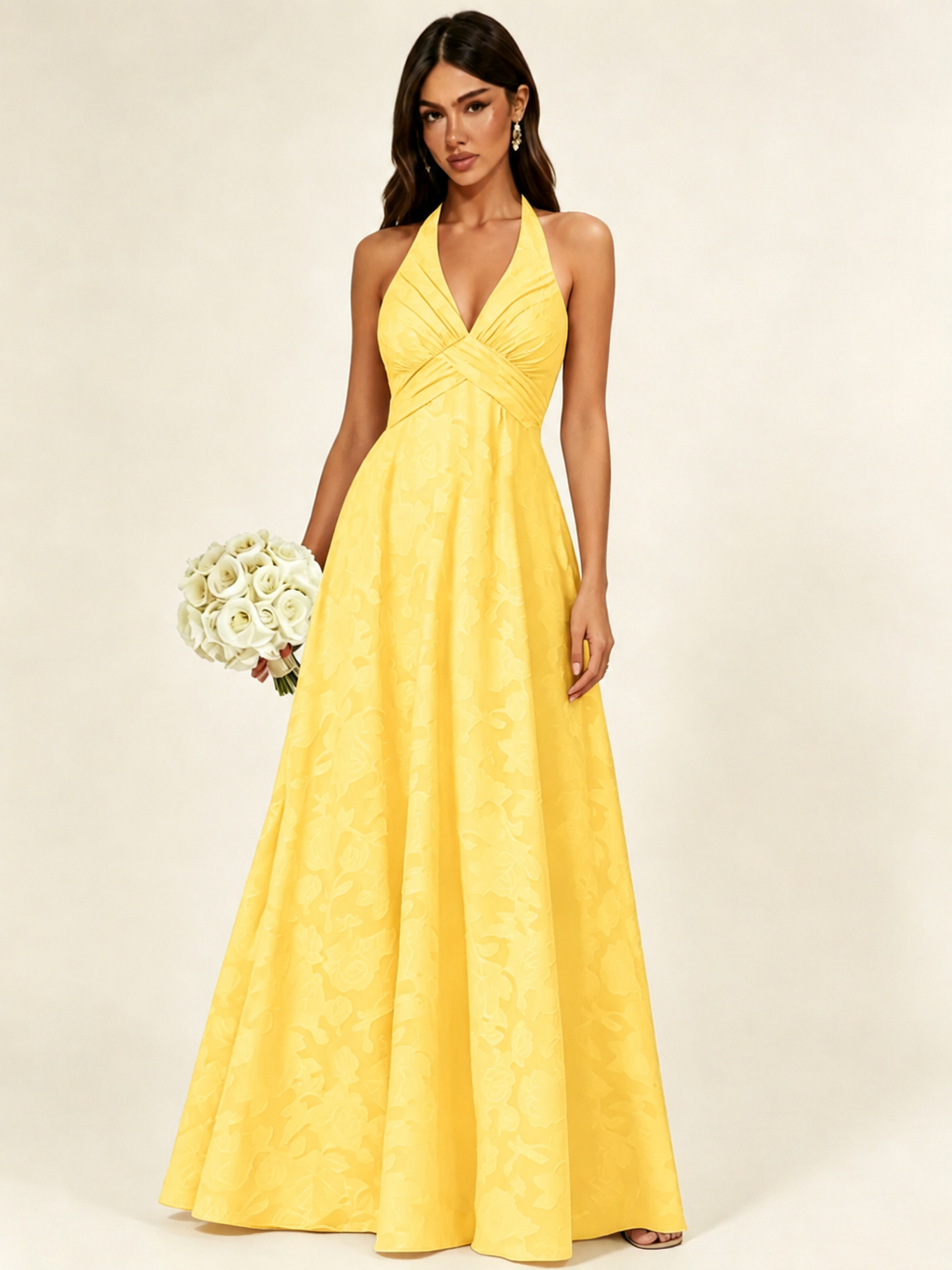 Floral Jacquard Halter Deep V A-Line Maxi Dress Backless Lace-Up Corset Bridesmaid Dress