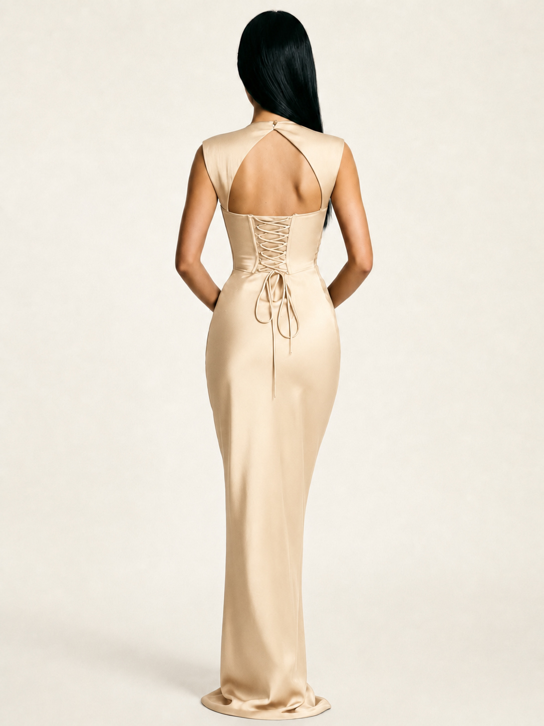 Sleeveless Draped Satin Mermaid Cutout Back Formal Dress