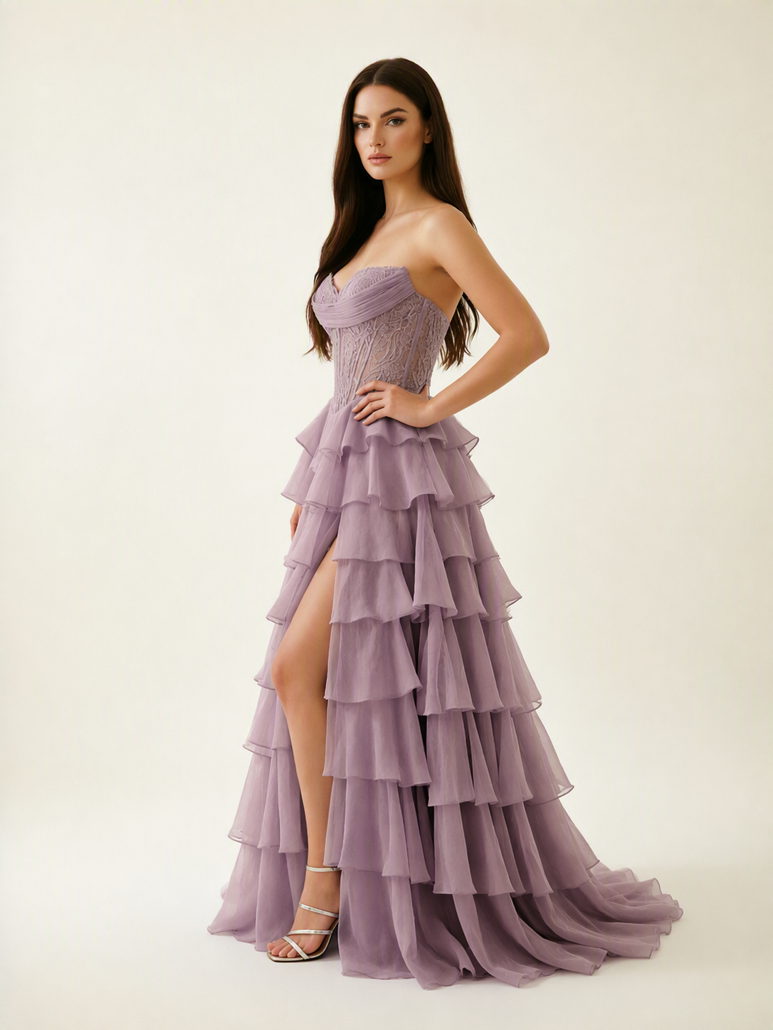Strapless Lace Corset Tiered High Slit Prom Dress