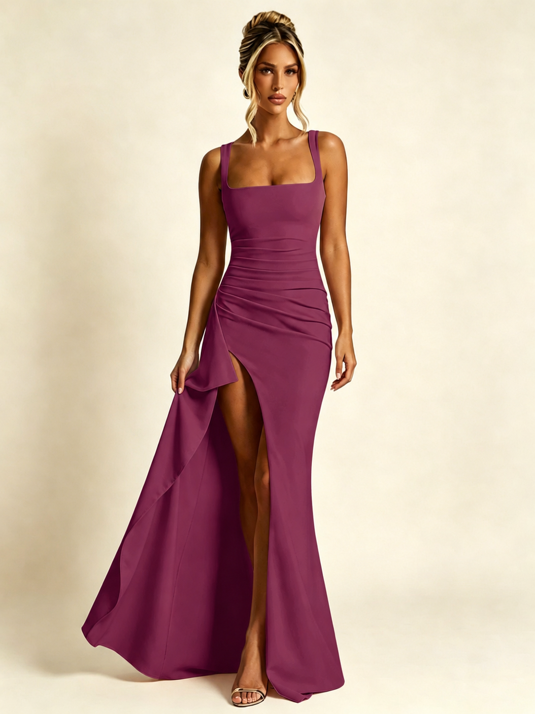 Square Neck Ruched Waist High Slit Mermaid Maxi Dress Ruffle Train Bodycon Bridesmaid Dress