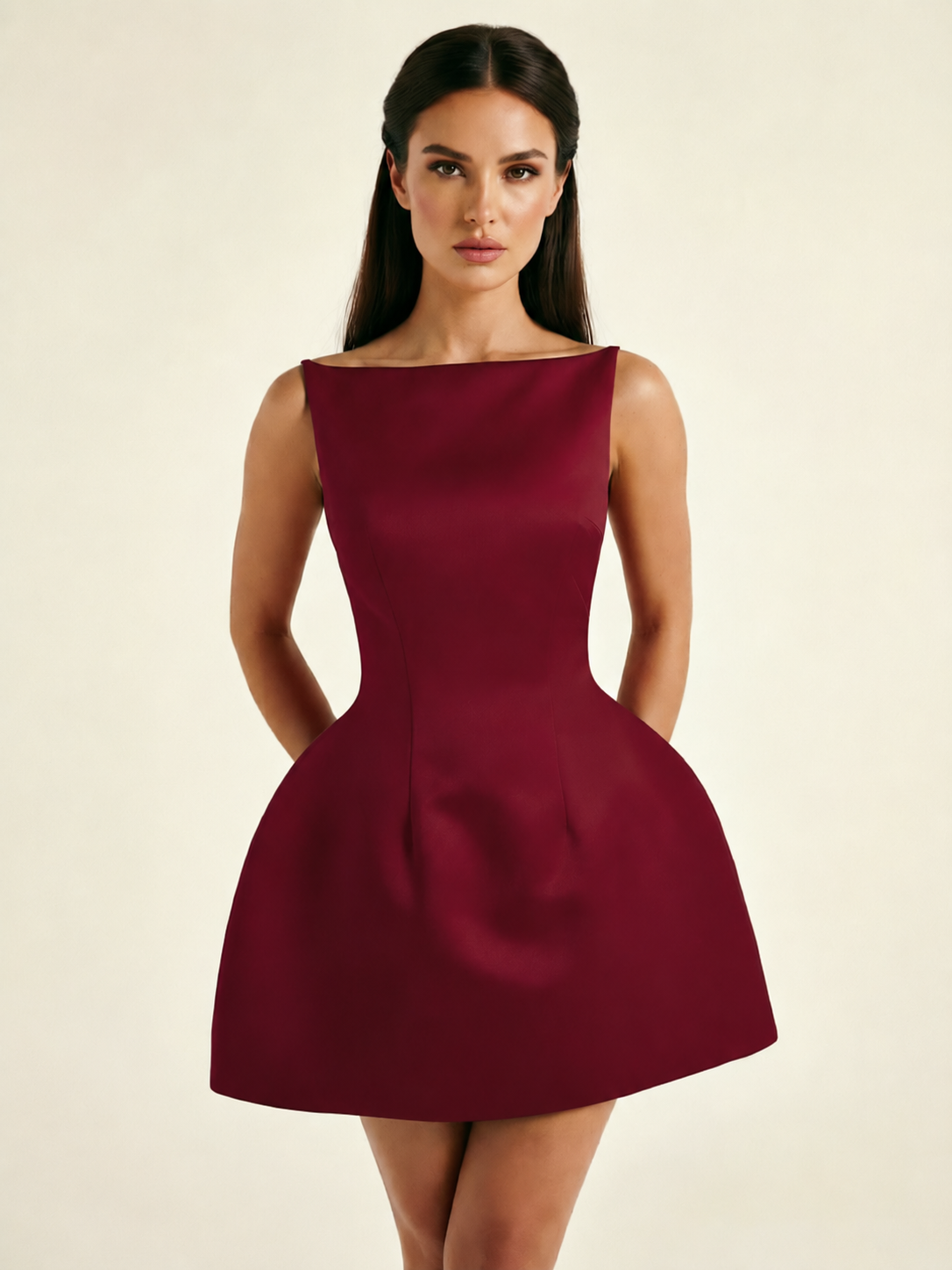 Satin Boat Neck Open Back Fit & Flare Mini Dress