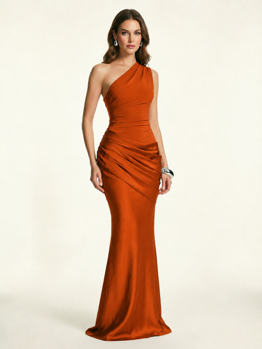 Single-shoulder satin floor-length evening dress