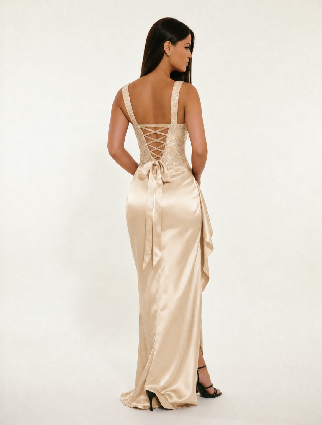 Sequin Corset Satin High Slit Formal Maxi Dress