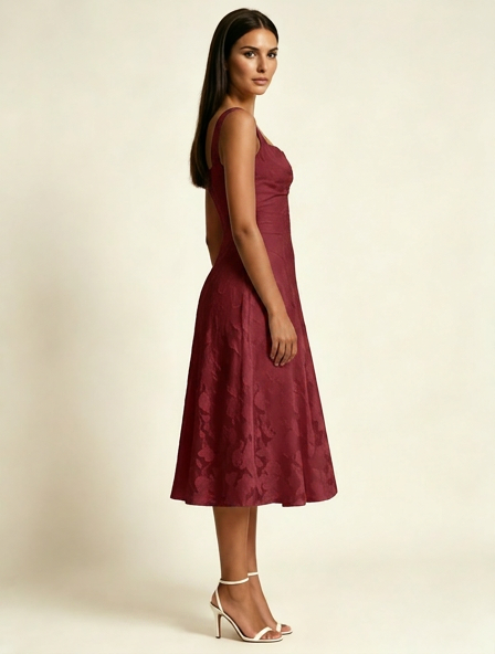 3D Floral Jacquard Square Neck Midi Dress