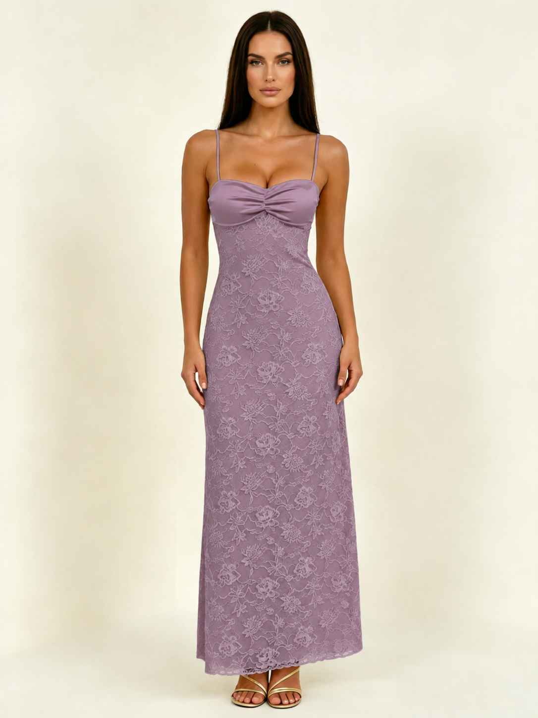 Satin Bust Lace Midi Maxi Dress, Spaghetti Strap Cross Lace Up Back Bridesmaid Dress