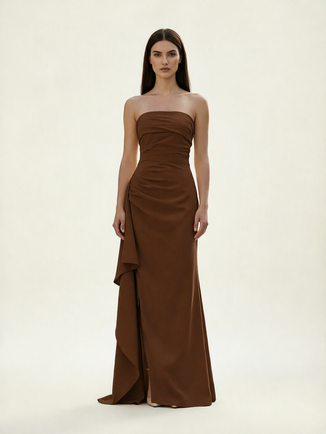 Strapless Mermaid Formal Gown with Side Slit & Draped Detail