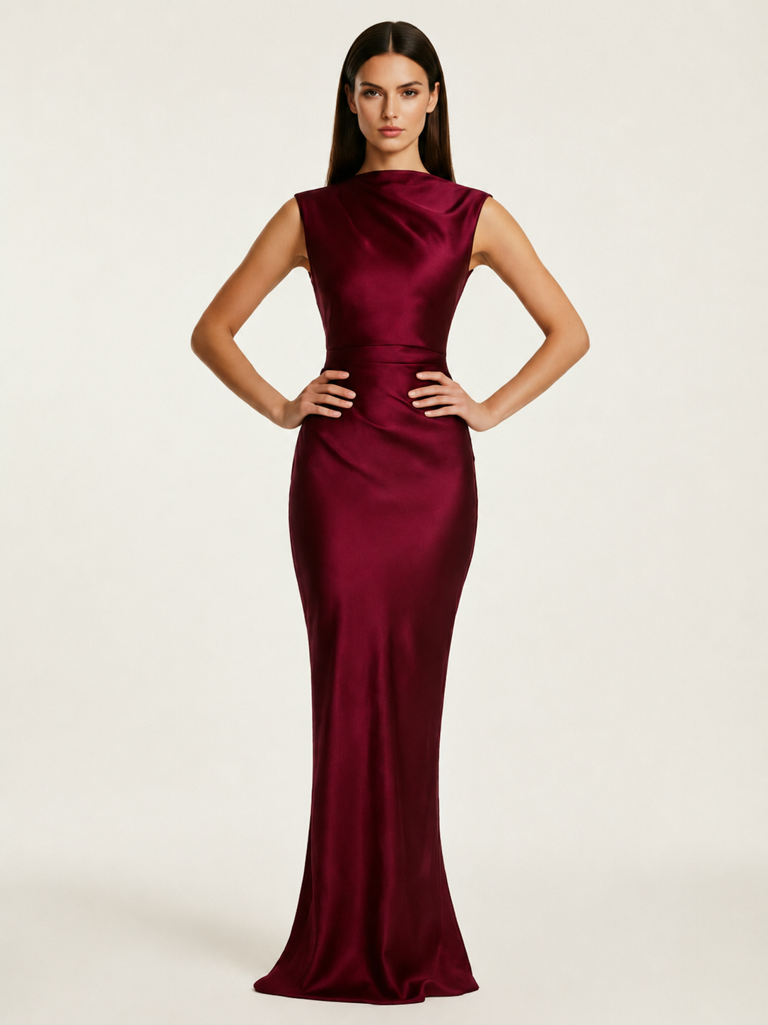 Sleeveless Draped Satin Mermaid Cutout Back Formal Dress