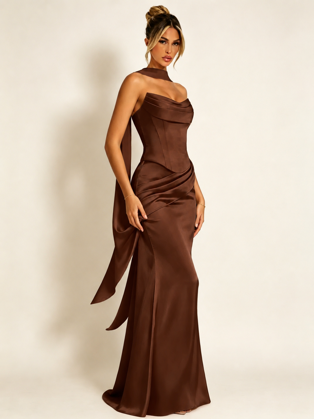 Satin Cowl Neck Mermaid Evening Dress with Corset Bodice and Draped Straps