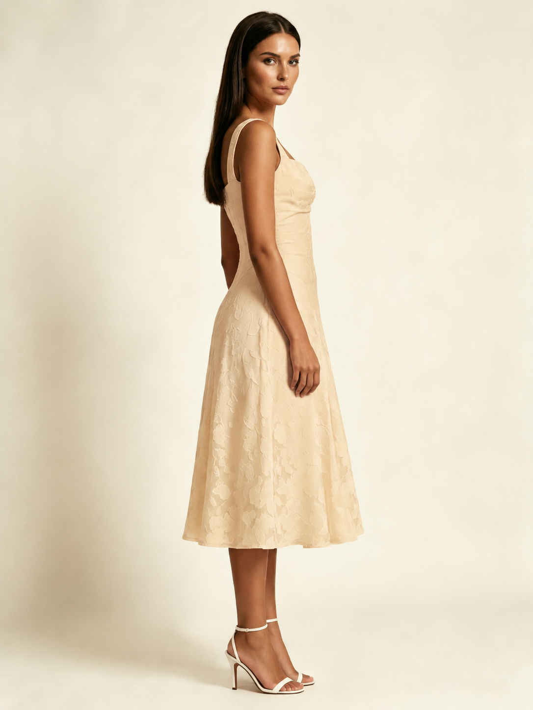 3D Floral Jacquard Square Neck Midi Dress