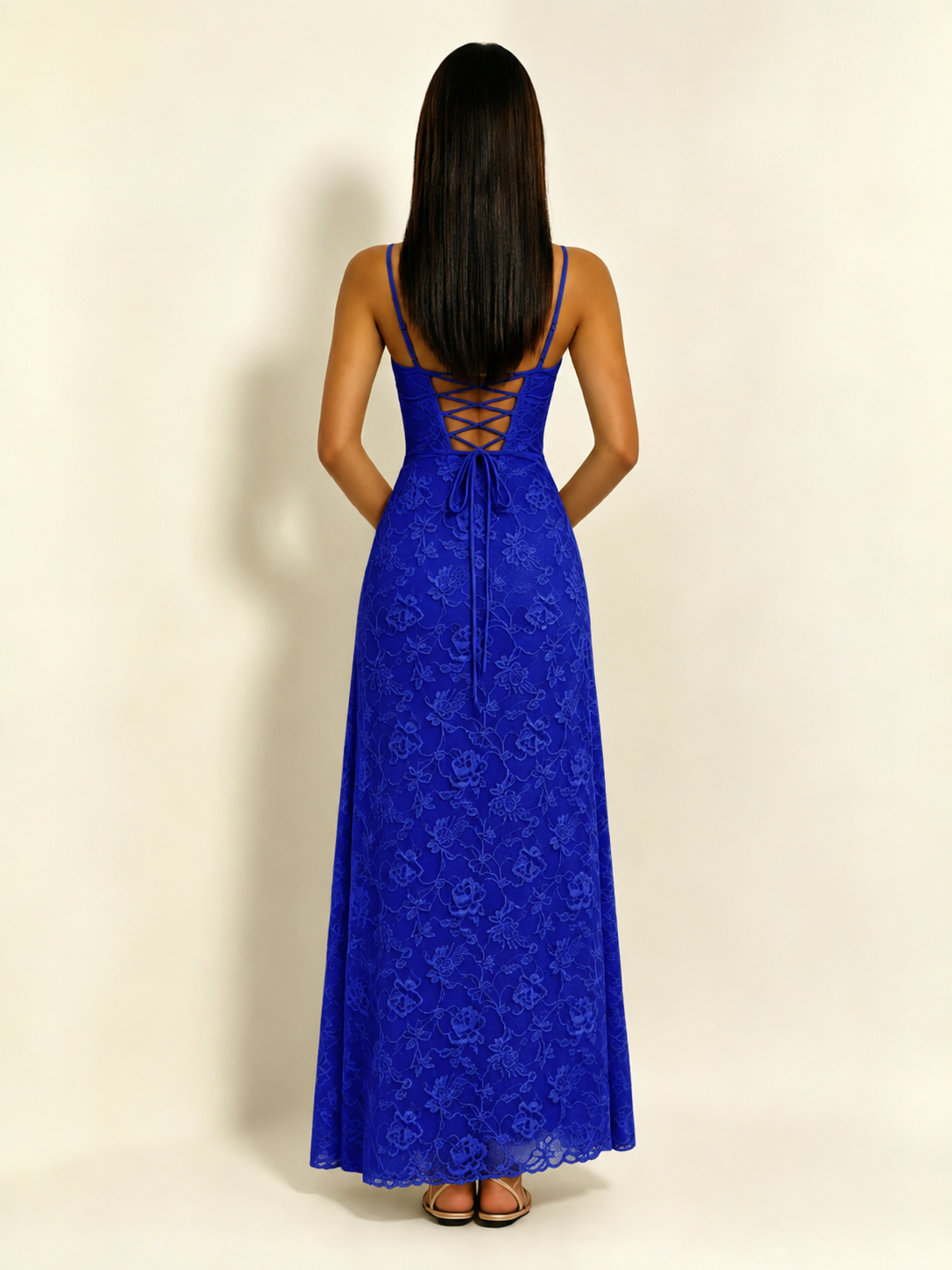 Satin Bust Lace Midi Maxi Dress, Spaghetti Strap Cross Lace Up Back Bridesmaid Dress