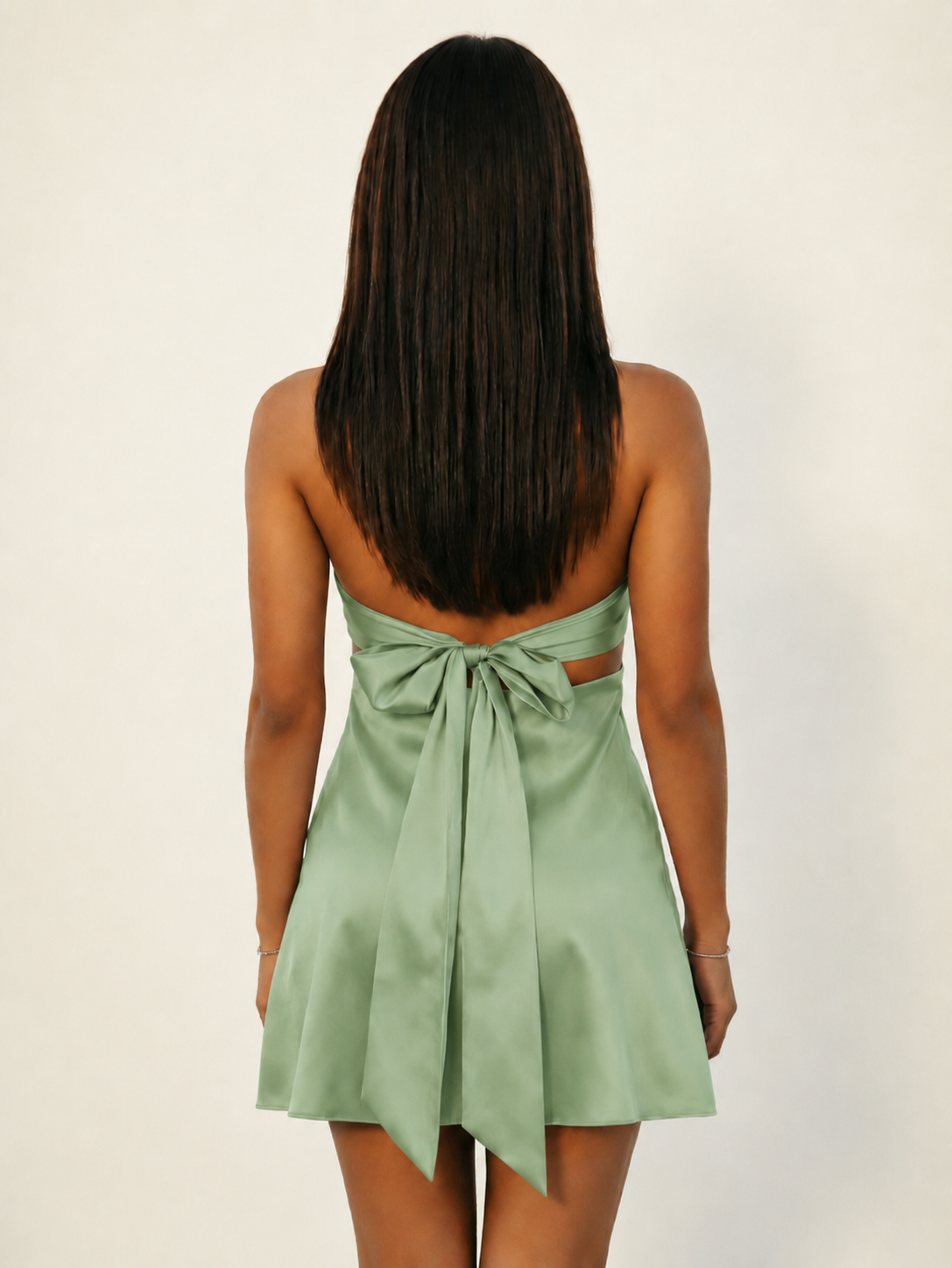 Strapless Satin Twist Cutout Tie-Back Mini Dress
