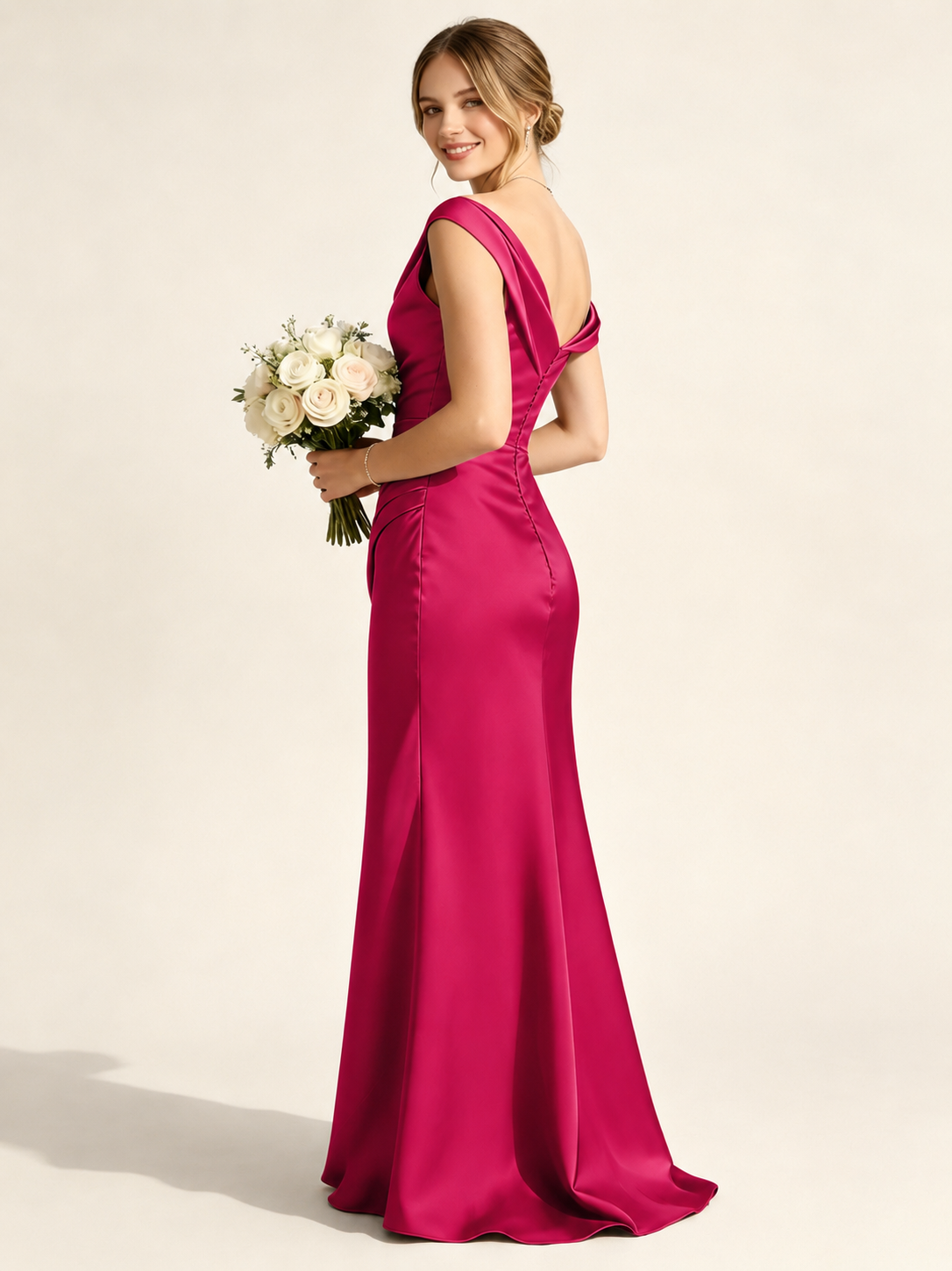 Satin Mermaid Bridesmaid Maxi Dress, Asymmetrical Off Shoulder Ruched Waist Open Back