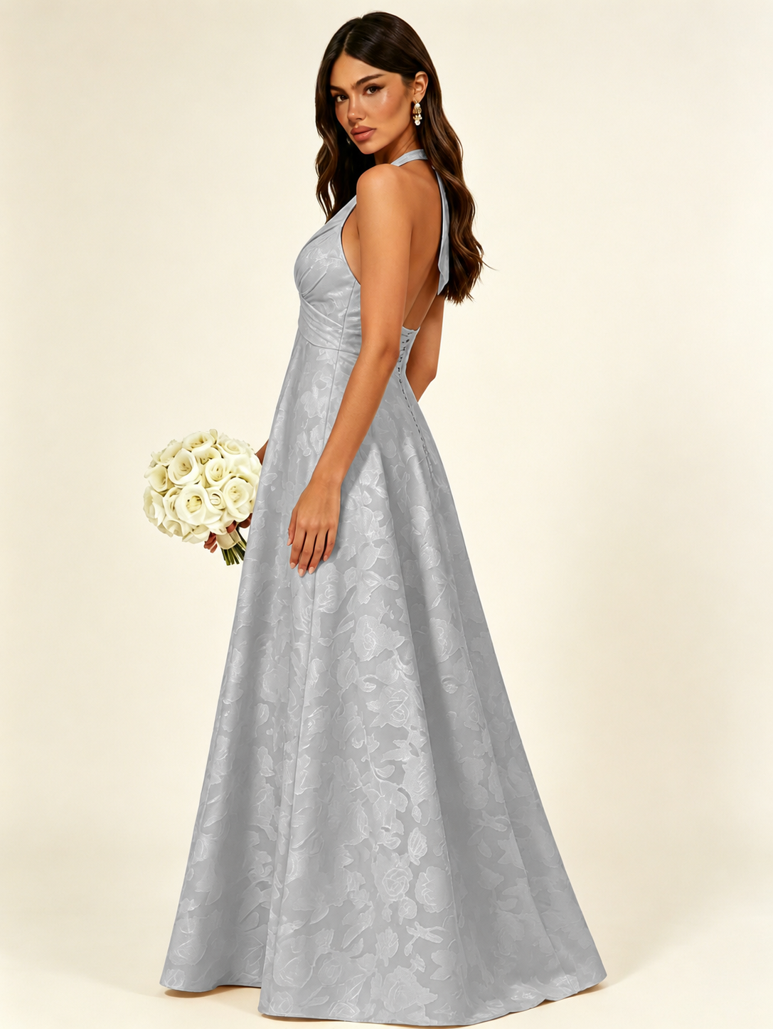 Floral Jacquard Halter Deep V A-Line Maxi Dress Backless Lace-Up Corset Bridesmaid Dress