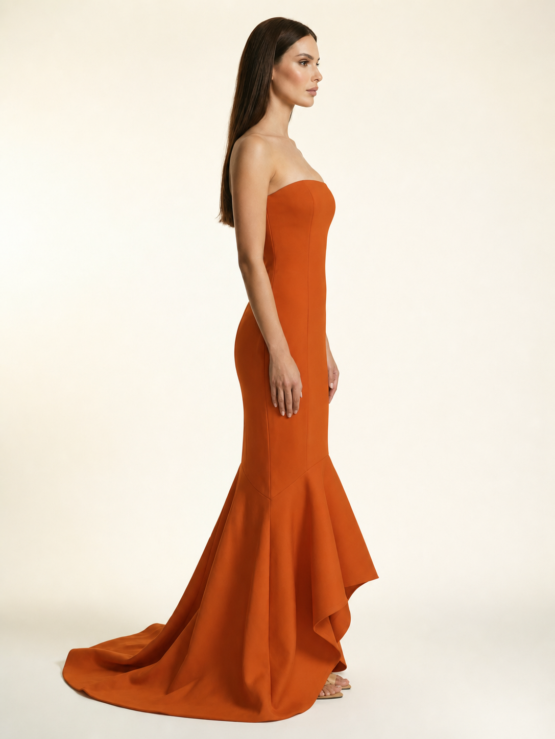 Strapless Satin Mermaid Dress With Ruffled Train & Lace-Up Back