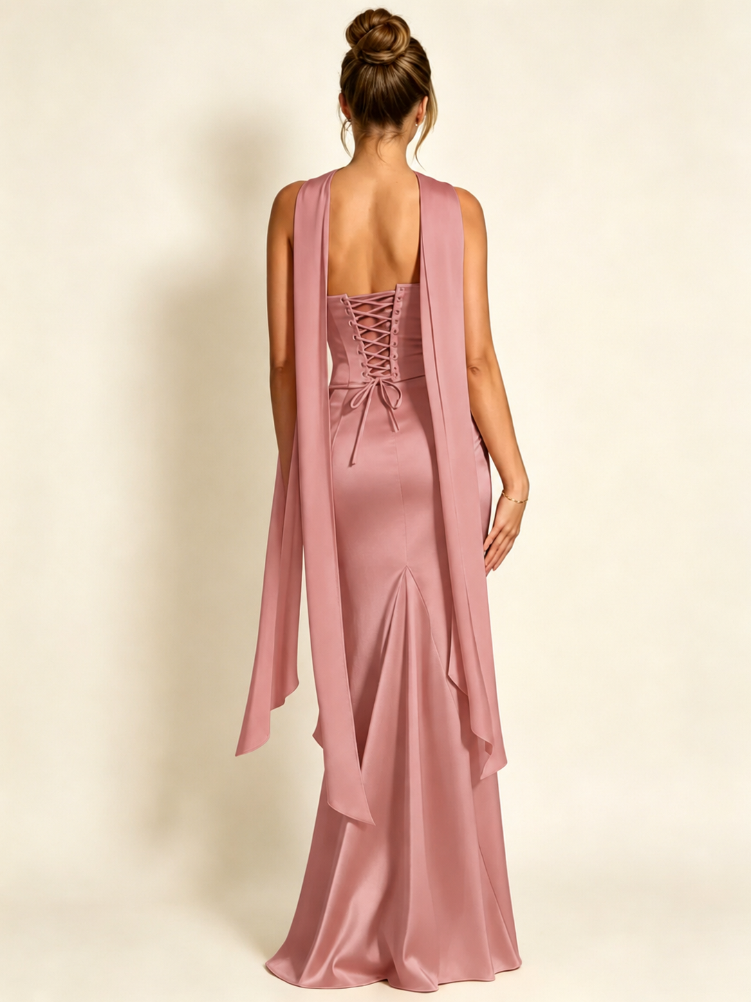Satin Cowl Neck Mermaid Evening Dress with Corset Bodice and Draped Straps
