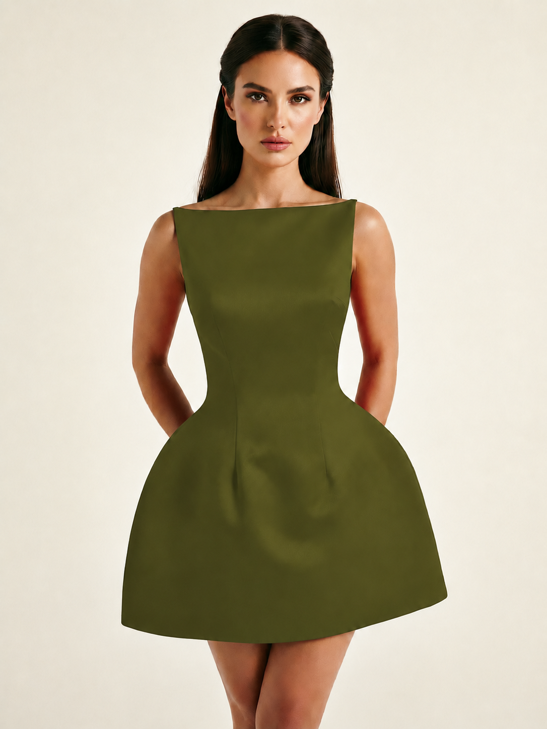Satin Boat Neck Open Back Fit & Flare Mini Dress