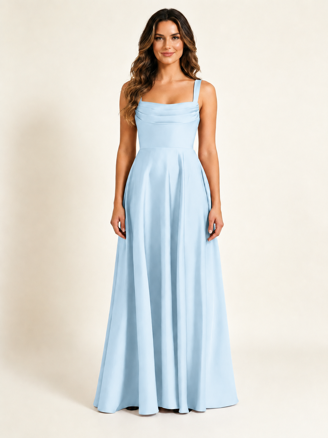 Satin Draped Cowl Square Neck A-Line Maxi Bridesmaid Dress