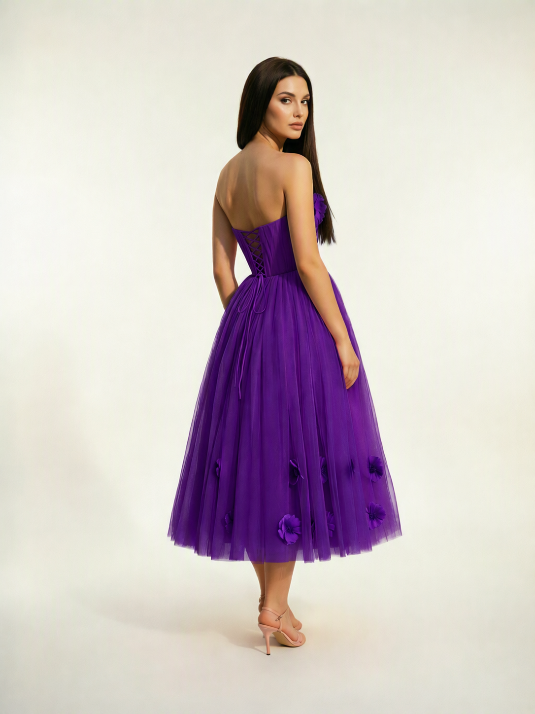 Strapless Tulle Midi Dress with 3D Floral Appliqués, Lace-Up Corset Back