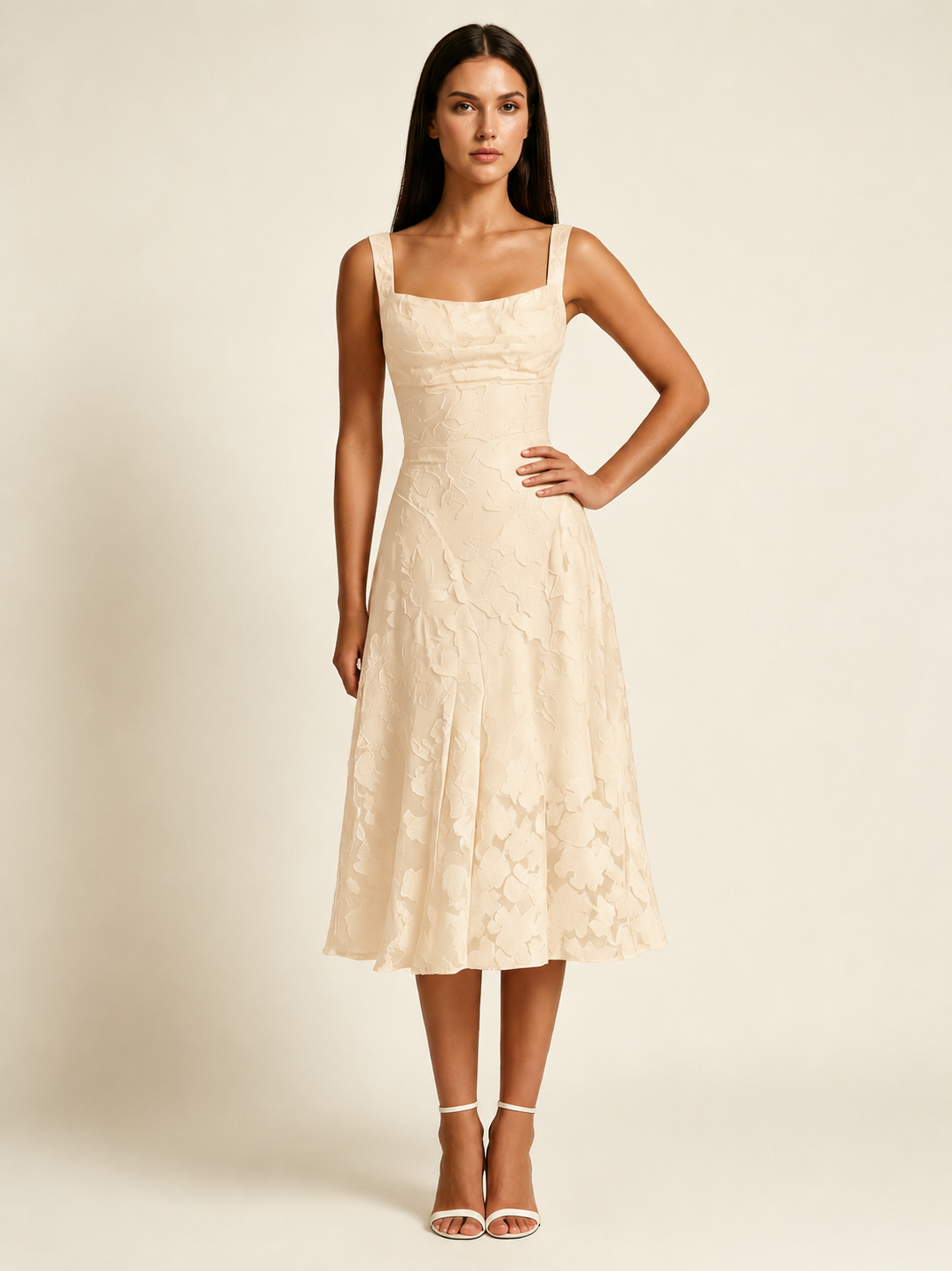 3D Floral Jacquard Square Neck Midi Dress