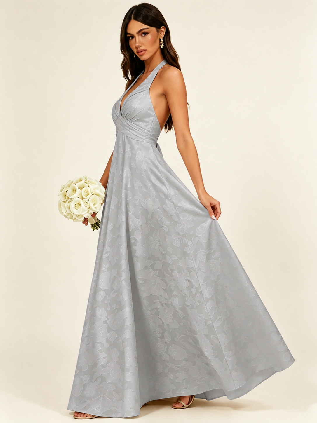 Floral Jacquard Halter Deep V A-Line Maxi Dress Backless Lace-Up Corset Bridesmaid Dress