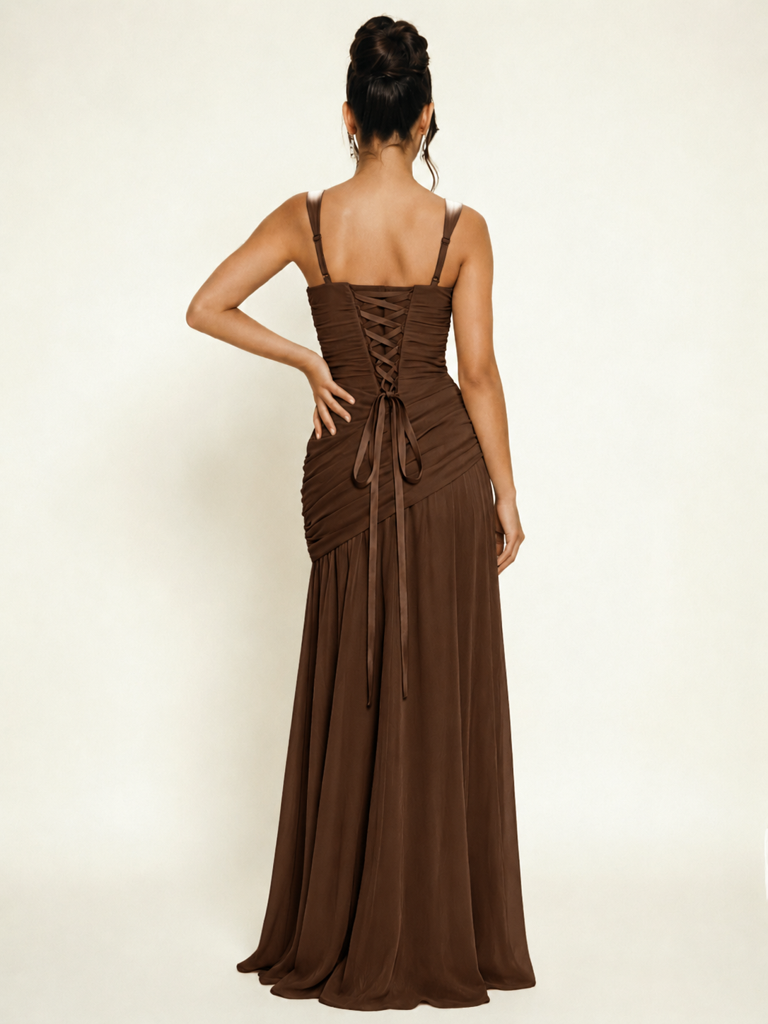 Adjustable Strap Shiny Draped Formal Maxi Dress with Corset Lace Up Back