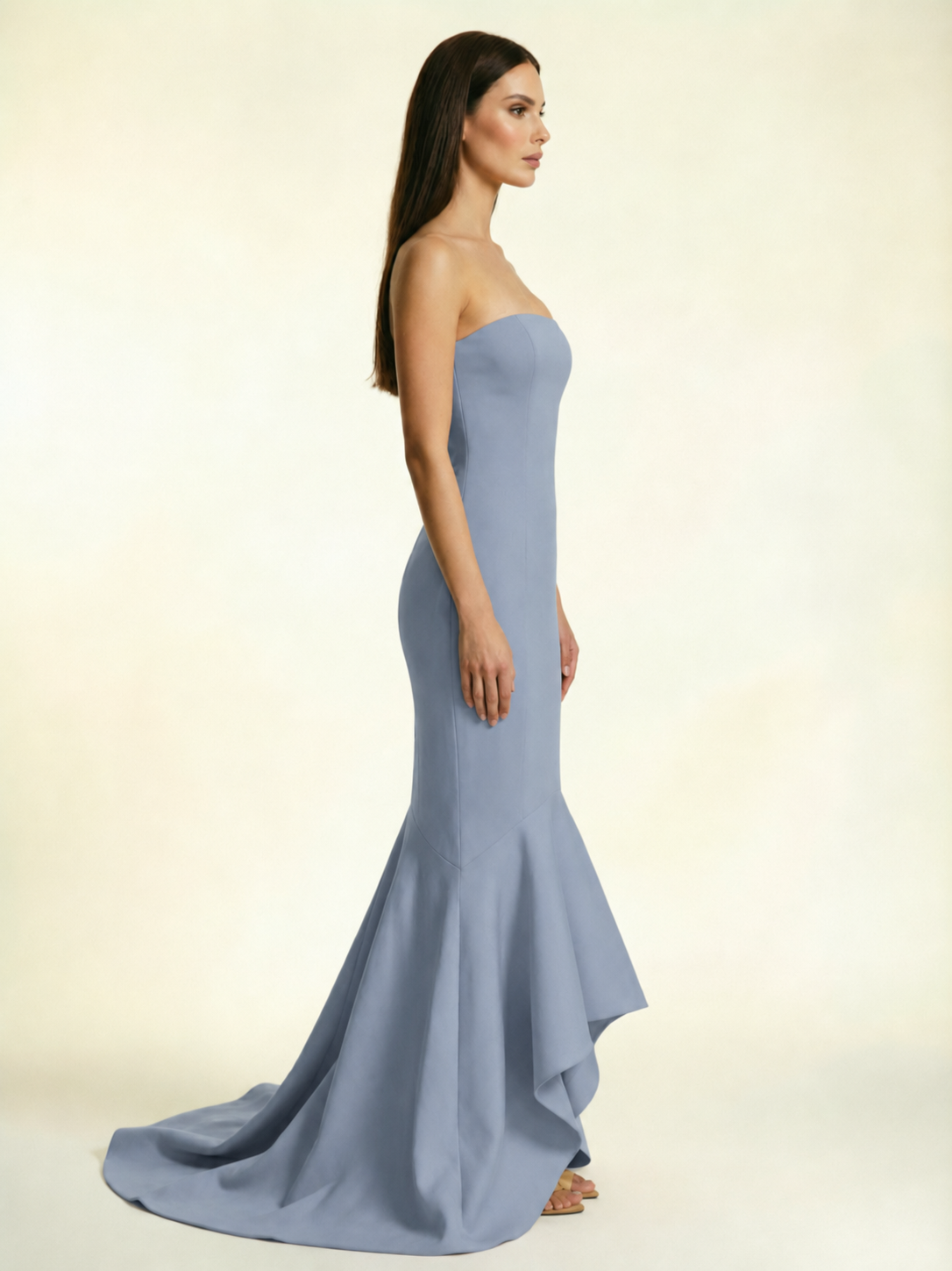 Strapless Satin Mermaid Dress With Ruffled Train & Lace-Up Back