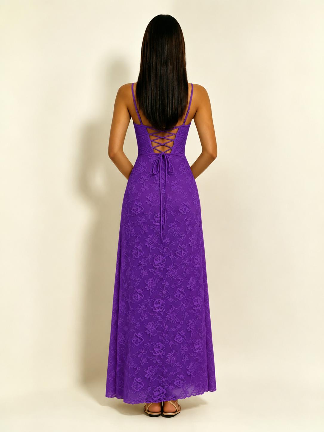 Satin Bust Lace Midi Maxi Dress, Spaghetti Strap Cross Lace Up Back Bridesmaid Dress