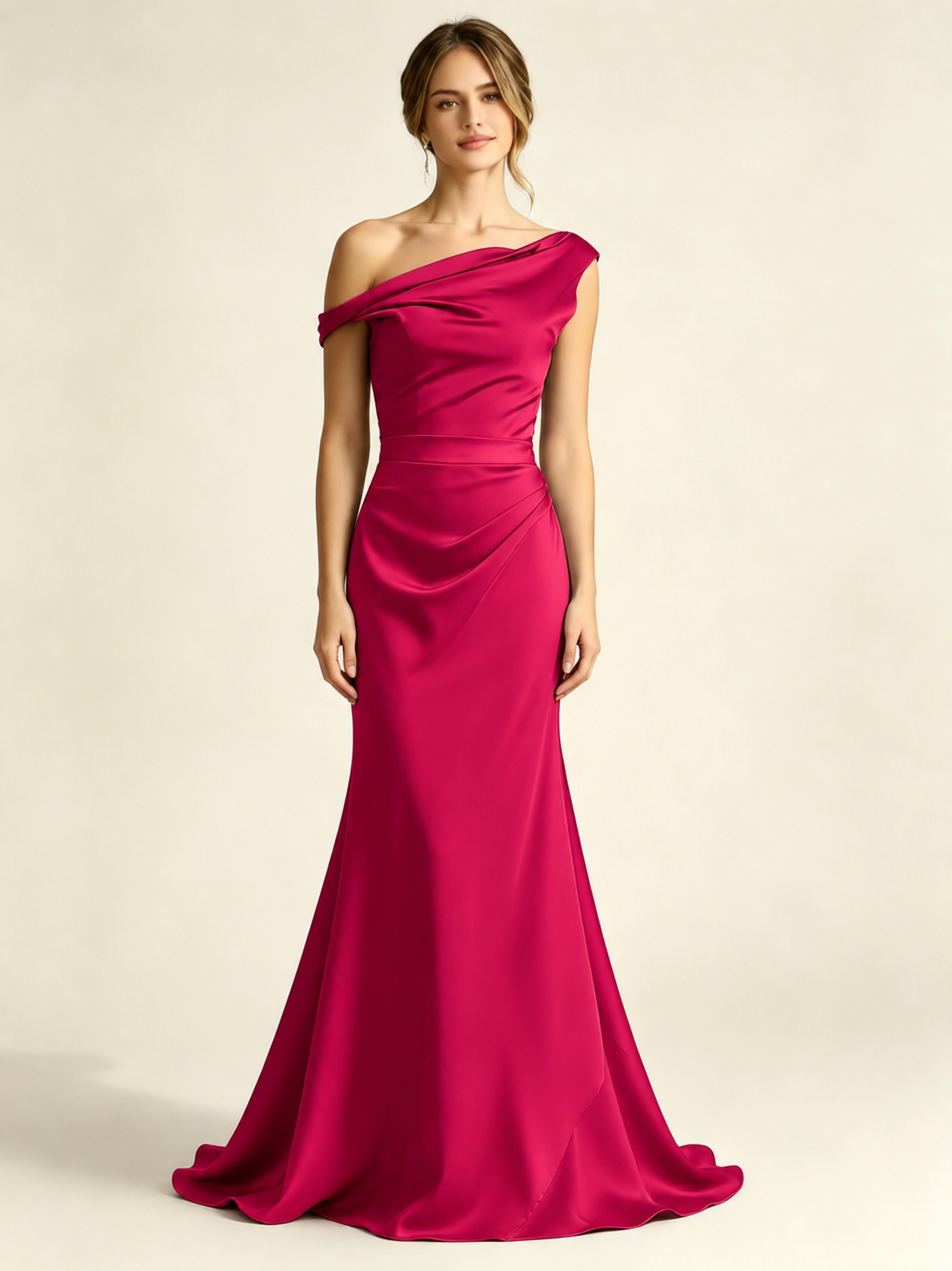 Satin Mermaid Bridesmaid Maxi Dress, Asymmetrical Off Shoulder Ruched Waist Open Back