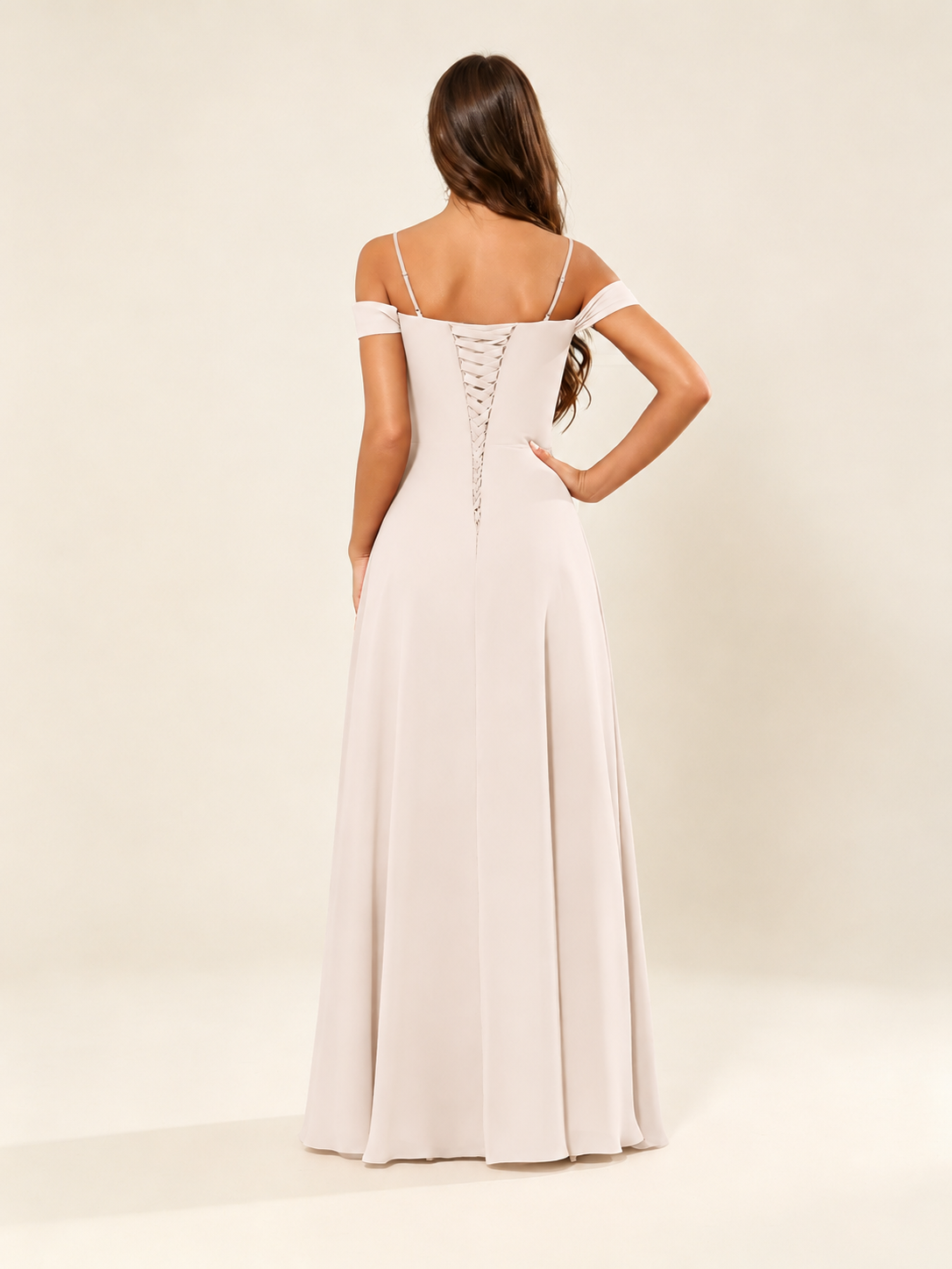 Off shoulder chiffon bridesmaid dress with high slit ruffle