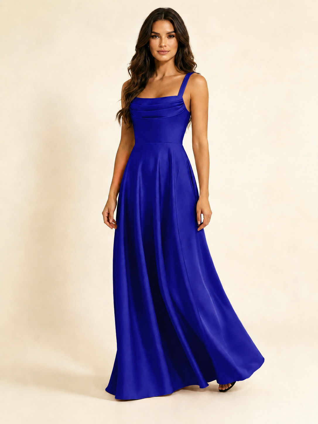 Satin Draped Cowl Square Neck A-Line Maxi Bridesmaid Dress