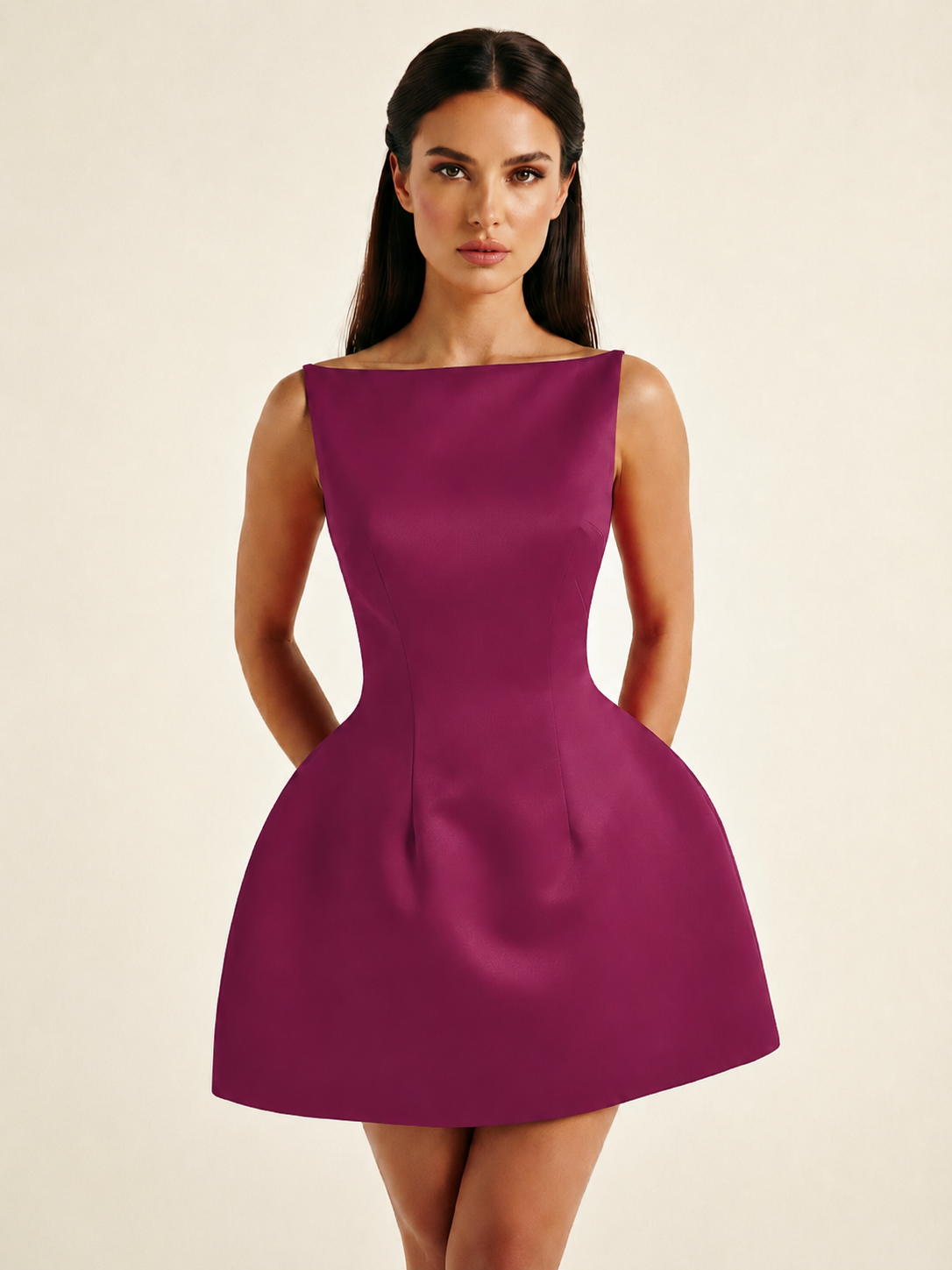 Satin Boat Neck Open Back Fit & Flare Mini Dress