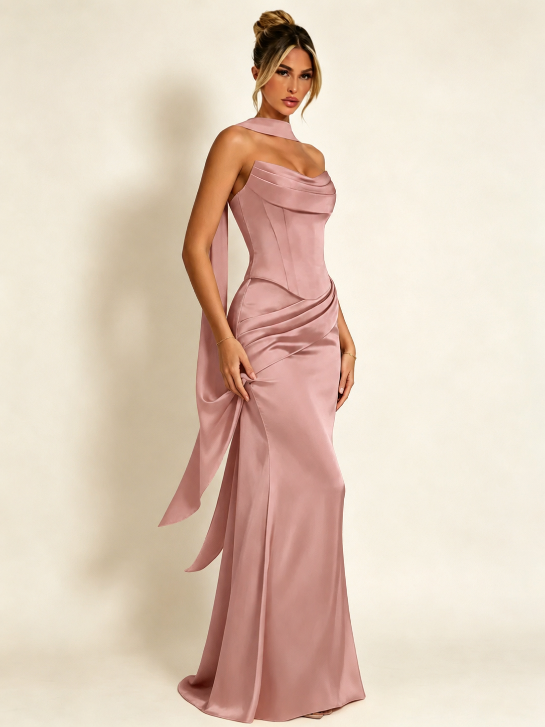 Satin Cowl Neck Mermaid Evening Dress with Corset Bodice and Draped Straps